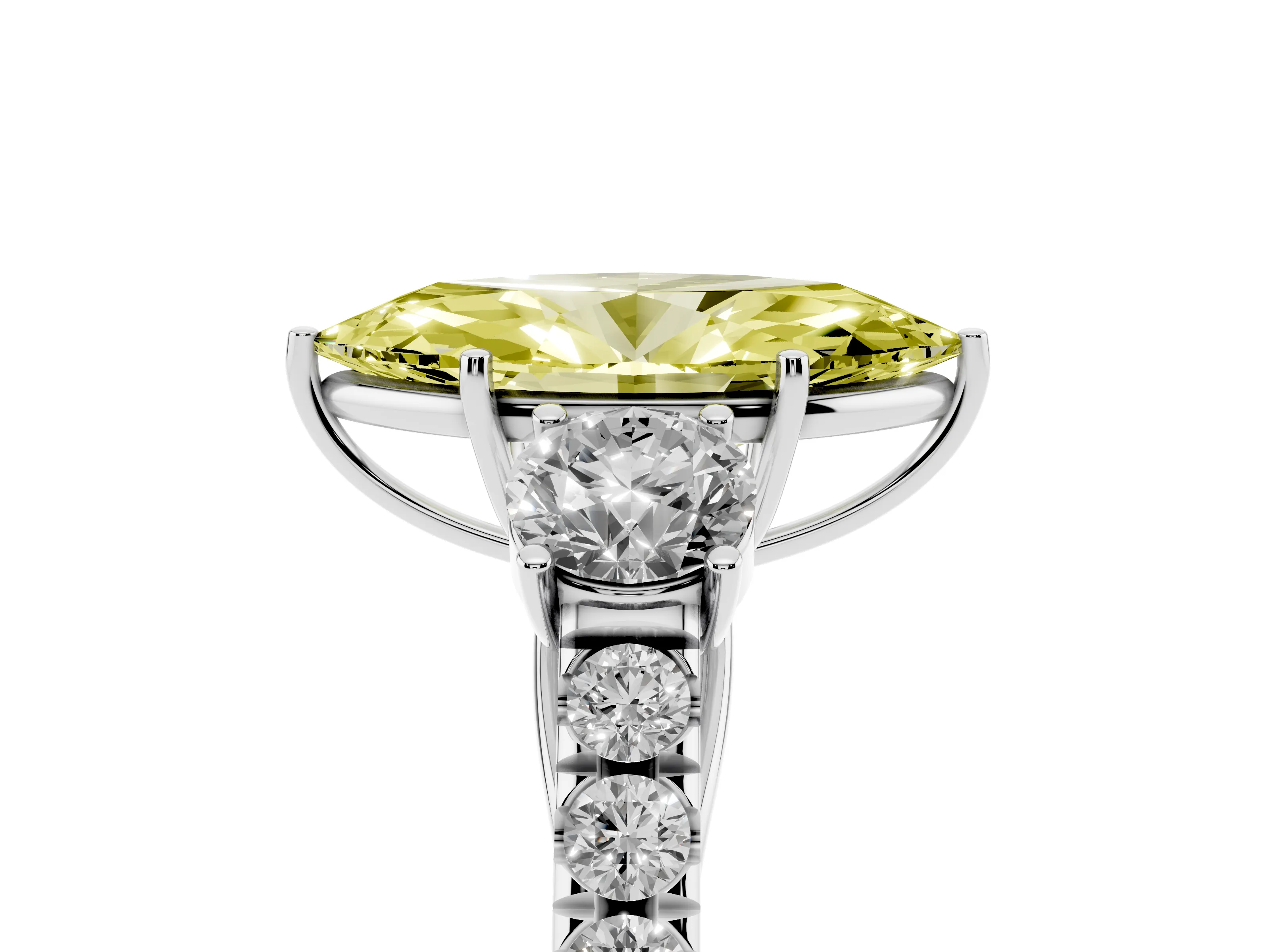 Fancy Yellow Marquise Cut Diamond Three-Stone Ring Set in Silver with Round Side Stones and Delicate Pavé Band