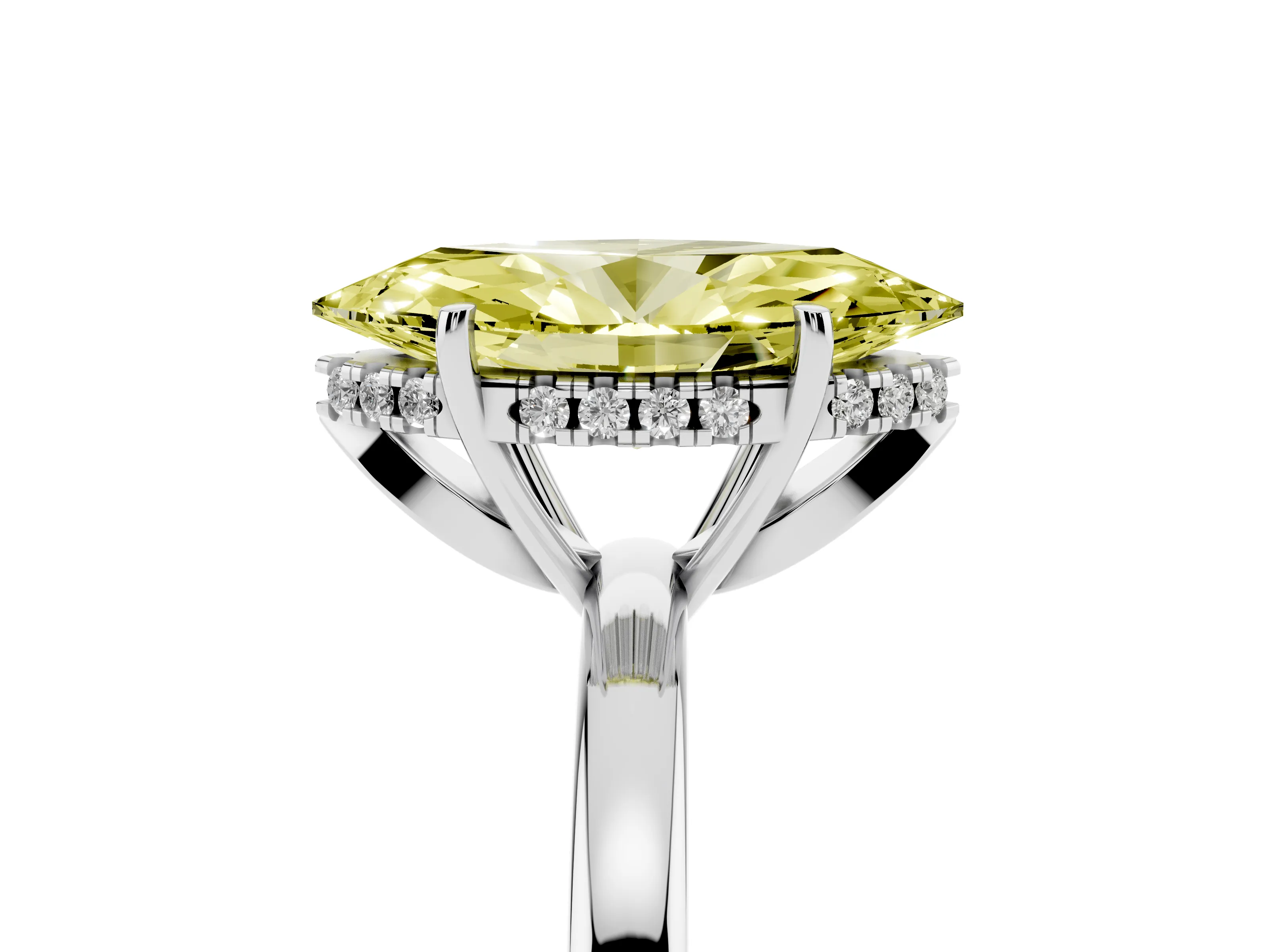 Fancy Yellow Marquise Cut Diamond Solitaire Ring Set in Silver with Plain Band and Prong Setting