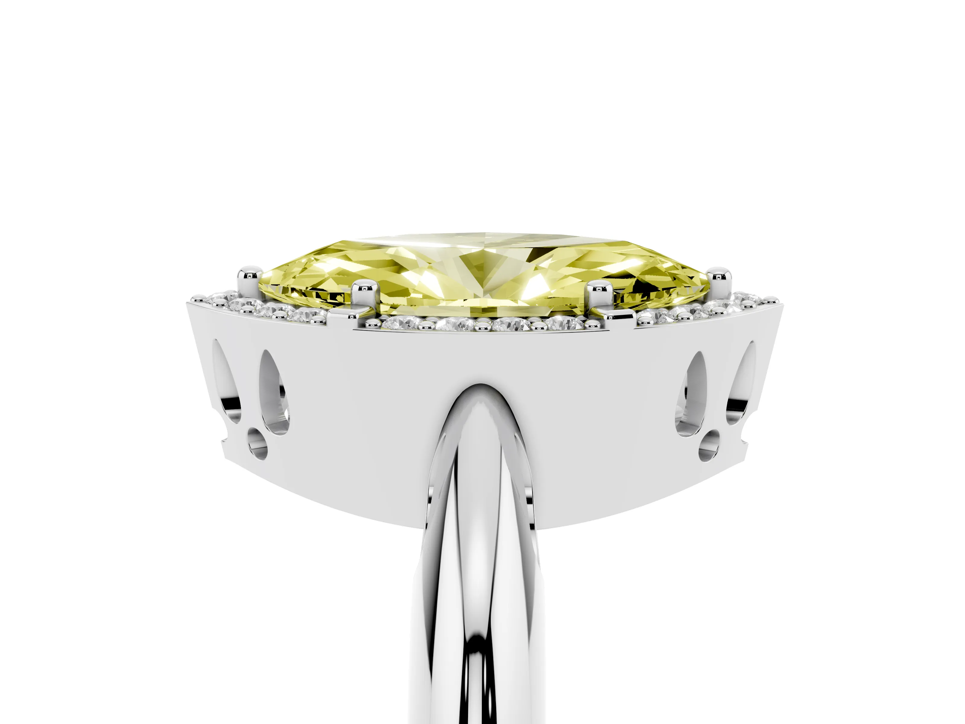 Fancy Yellow Marquise Cut Diamond Halo Engagement Ring Set in Platinum with Plain Split Shank and Prong Setting