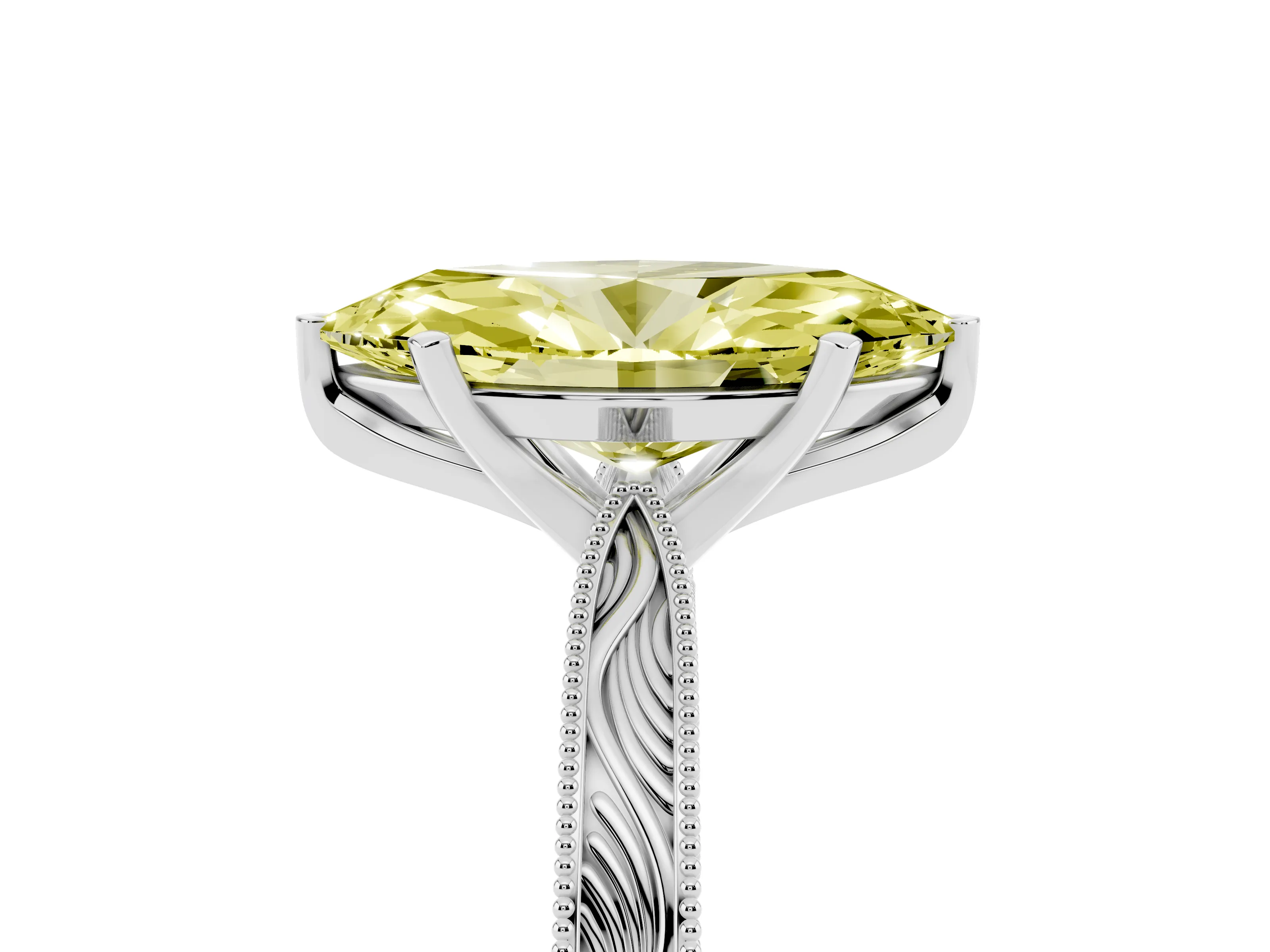 Fancy Yellow Marquise Cut Diamond Solitaire Milgrain Engraved Band Set in White gold with Prong Setting