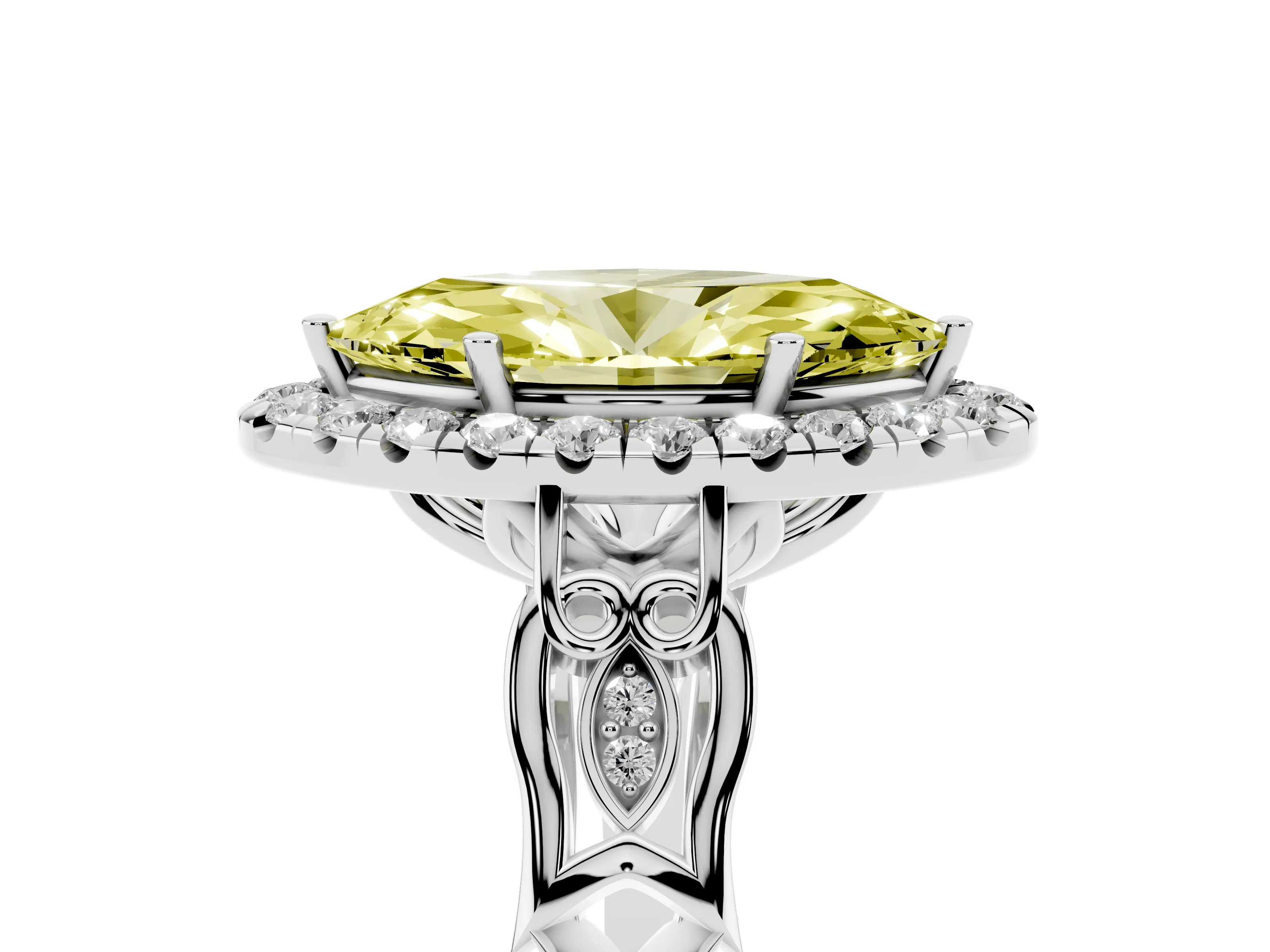 Fancy Yellow Marquise Cut Diamond Halo Engagement Ring Set in White gold with Filigree Band and Prong-Set Center