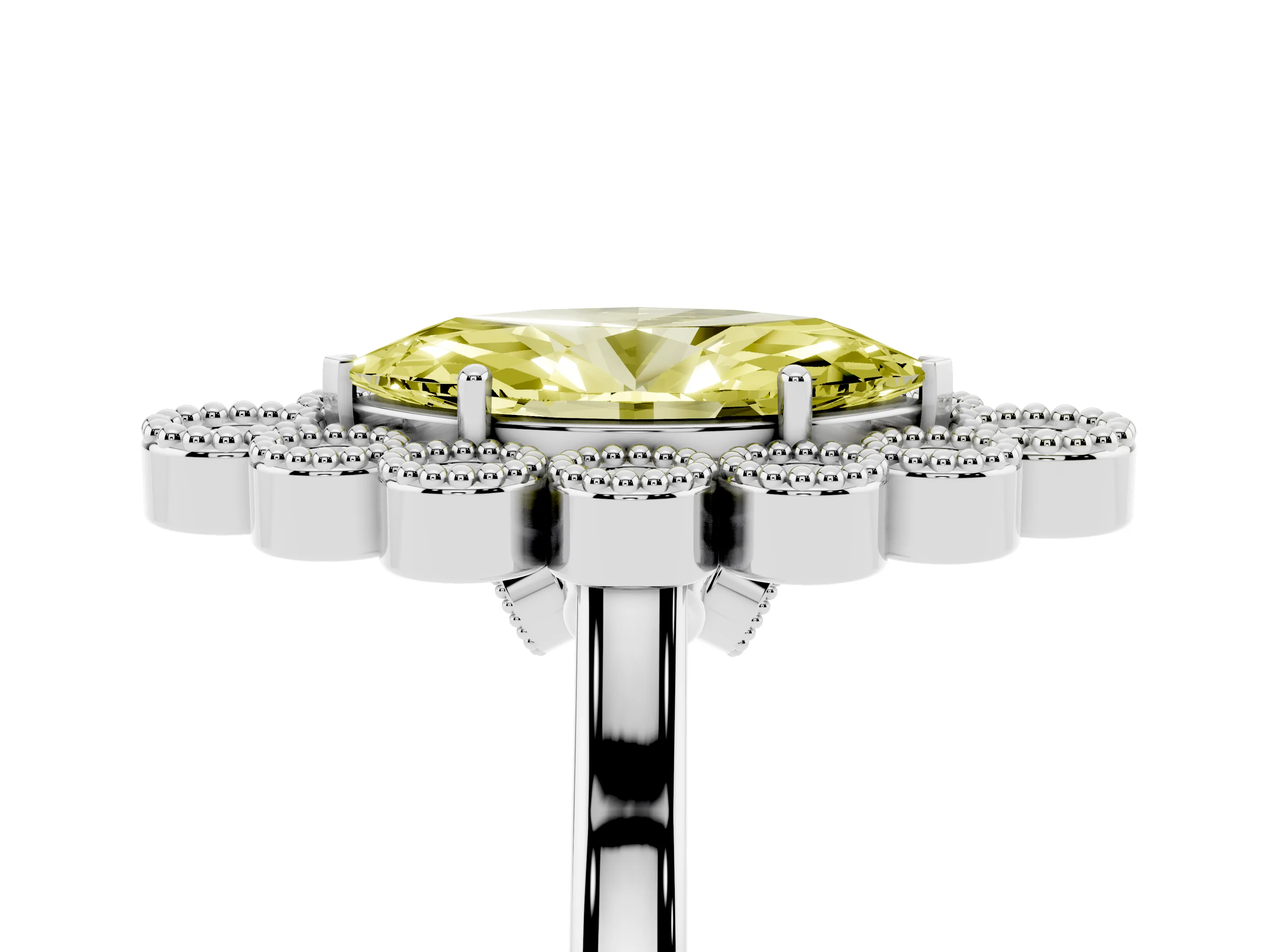 Fancy Yellow Marquise Cut Diamond Cluster Halo Ring Set in White gold with Milgrain Bezel Accents and Plain Band