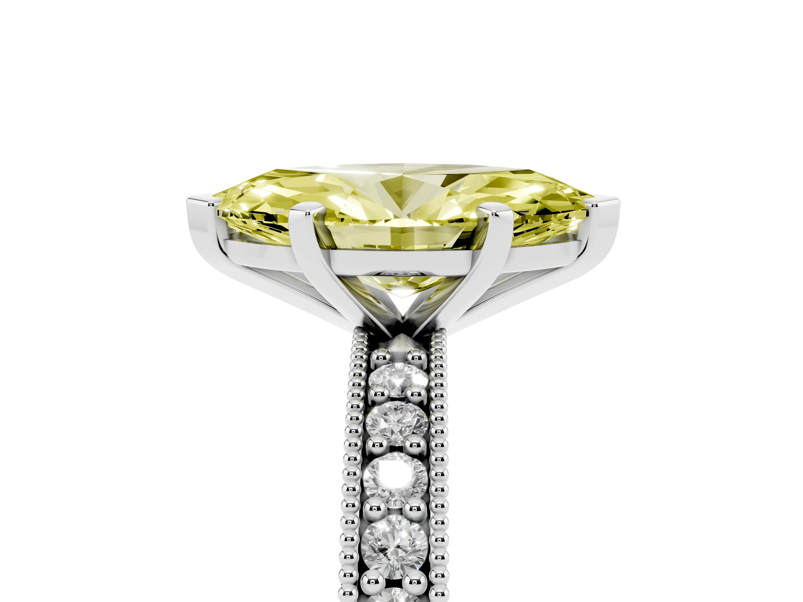 Fancy Yellow Marquise Cut Diamond Milgrain Pavé Engagement Ring Set in Silver with Prong Setting
