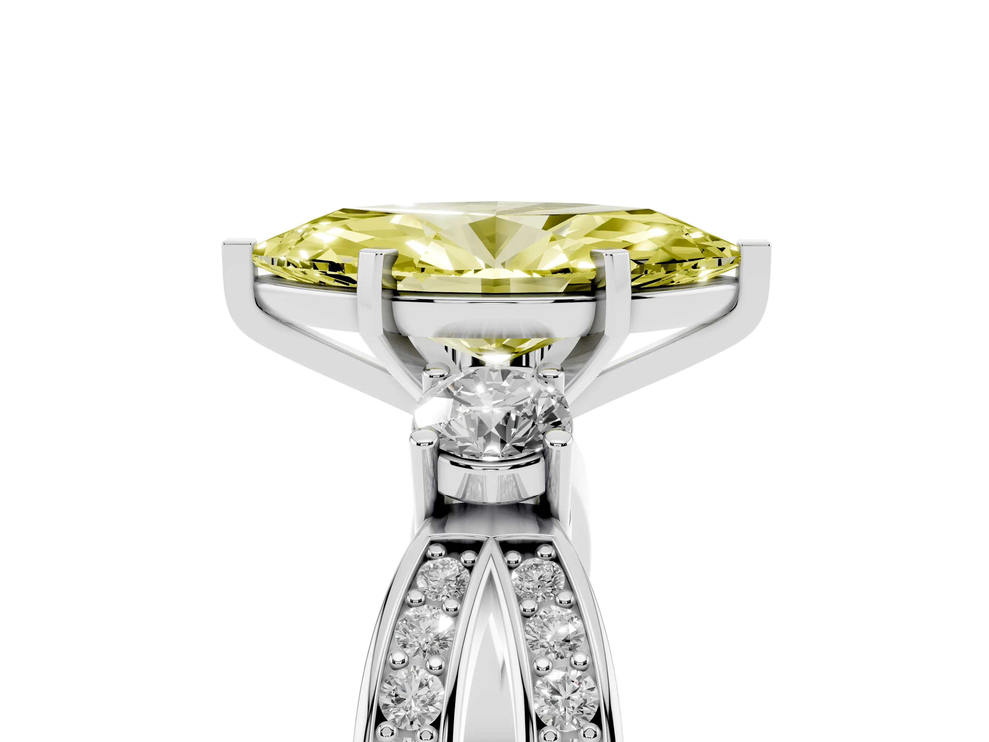 Fancy Yellow Three-Stone Marquise Cut Diamond Twist Band Ring Set in White gold with Pavé Accents and Prong Setting