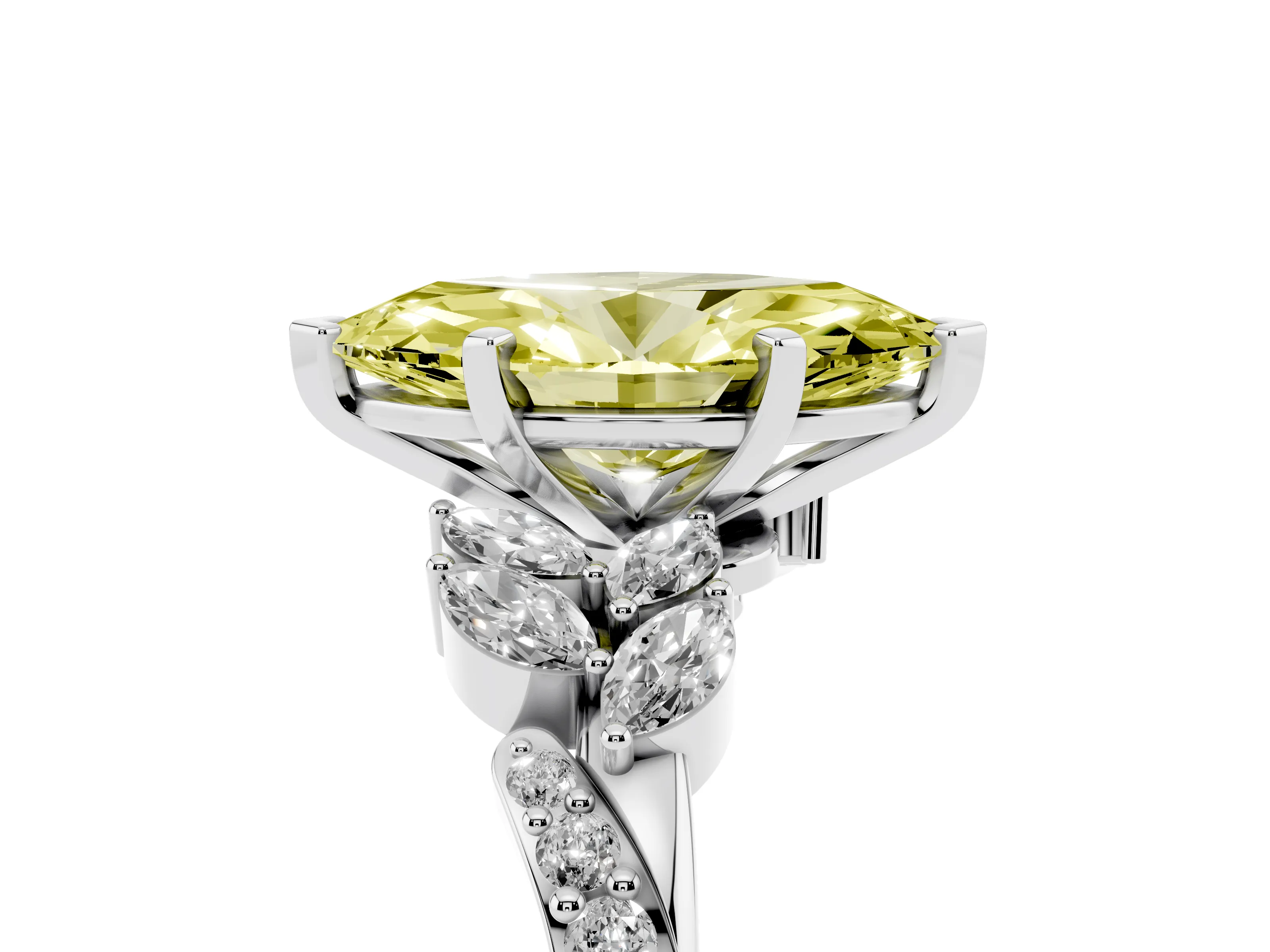 Fancy Yellow Marquise Cut Diamond Solitaire Ring Set in Silver with Marquise Twist Band and Prong Setting