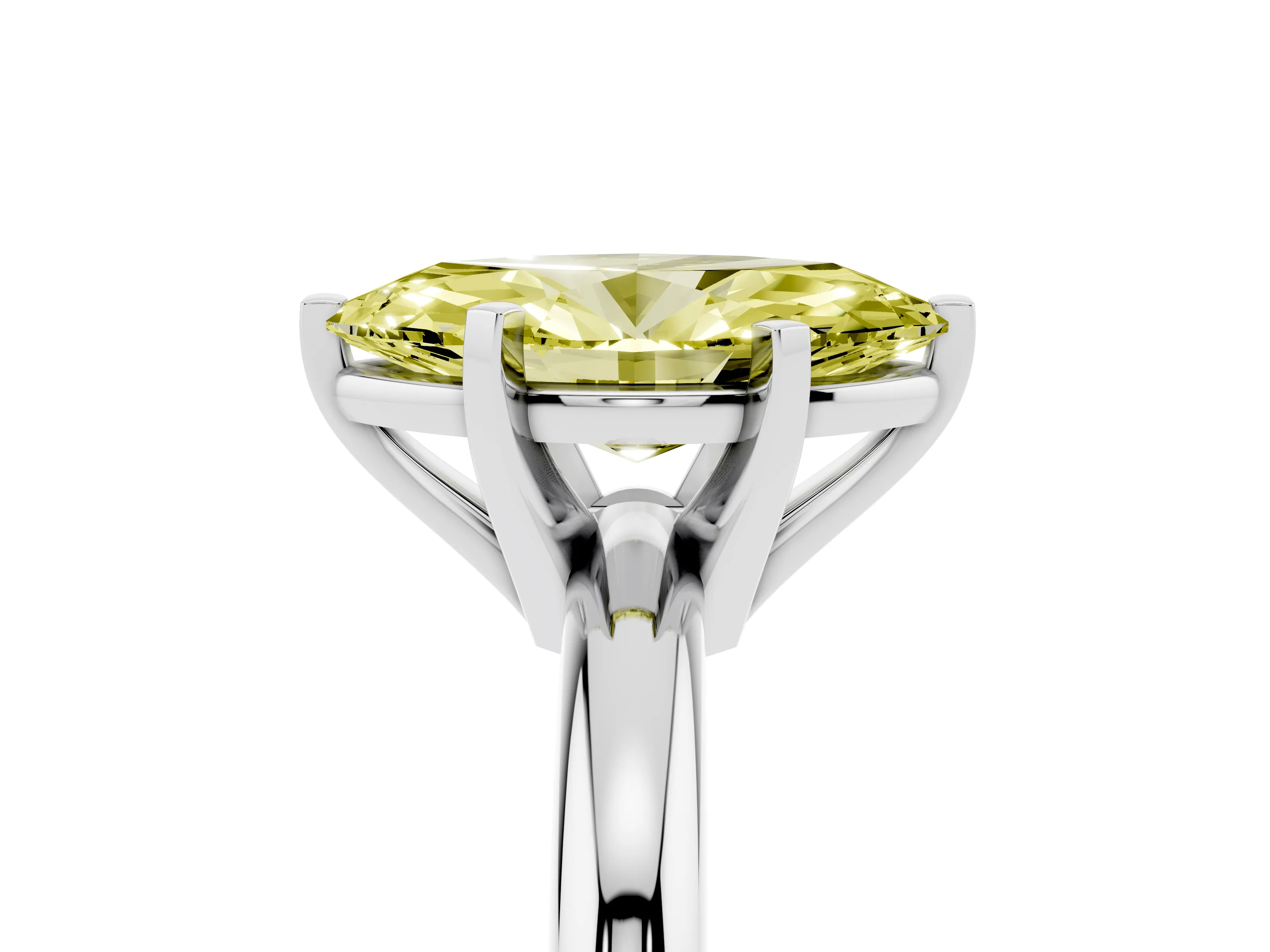 Fancy Yellow Marquise Cut Diamond Solitaire Engagement Ring Set in White gold with Round Band and Prong Setting