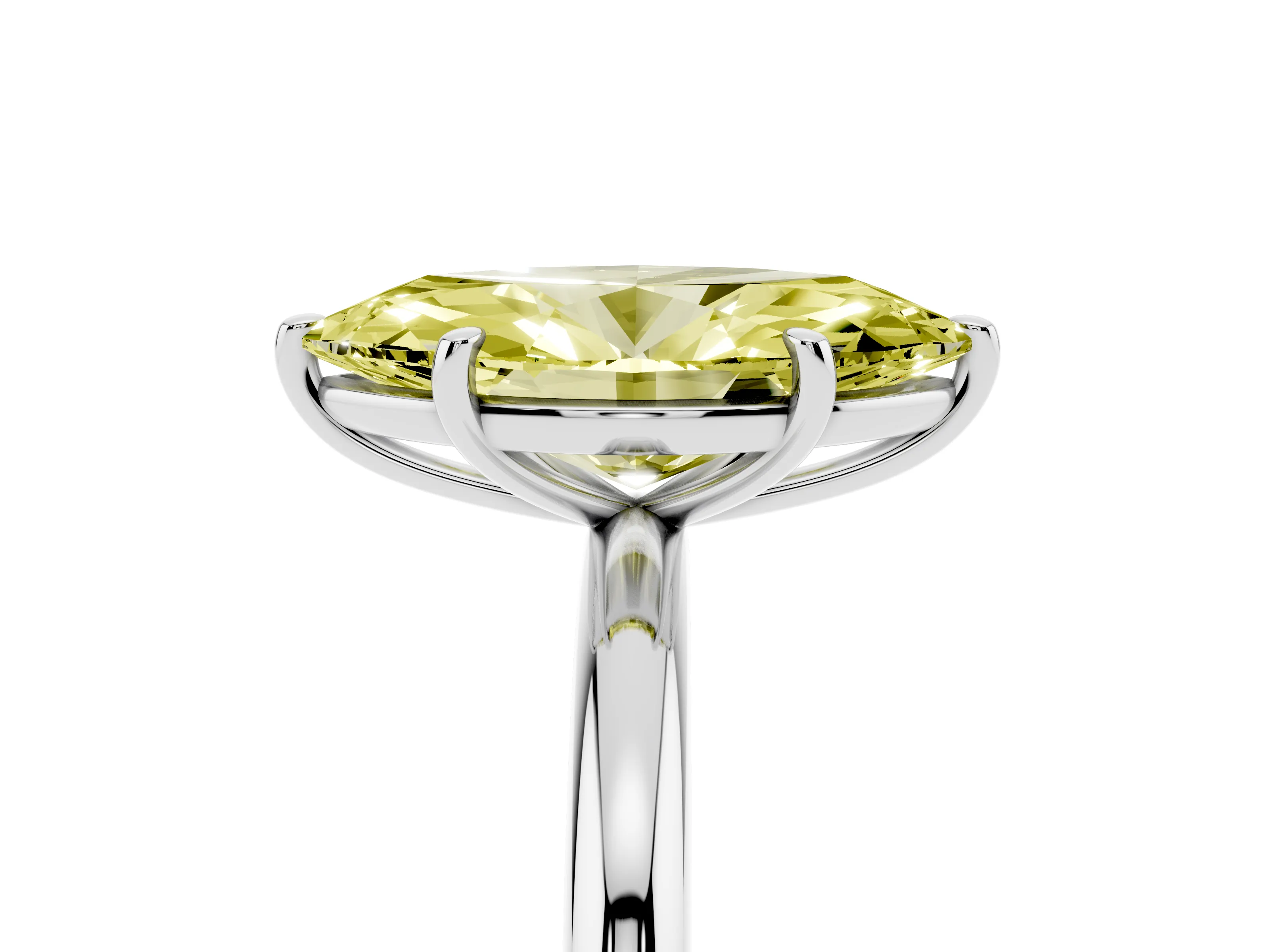 Fancy Yellow Marquise Cut Diamond Solitaire Ring Set in Platinum with Prong Setting on a Polished Plain Band