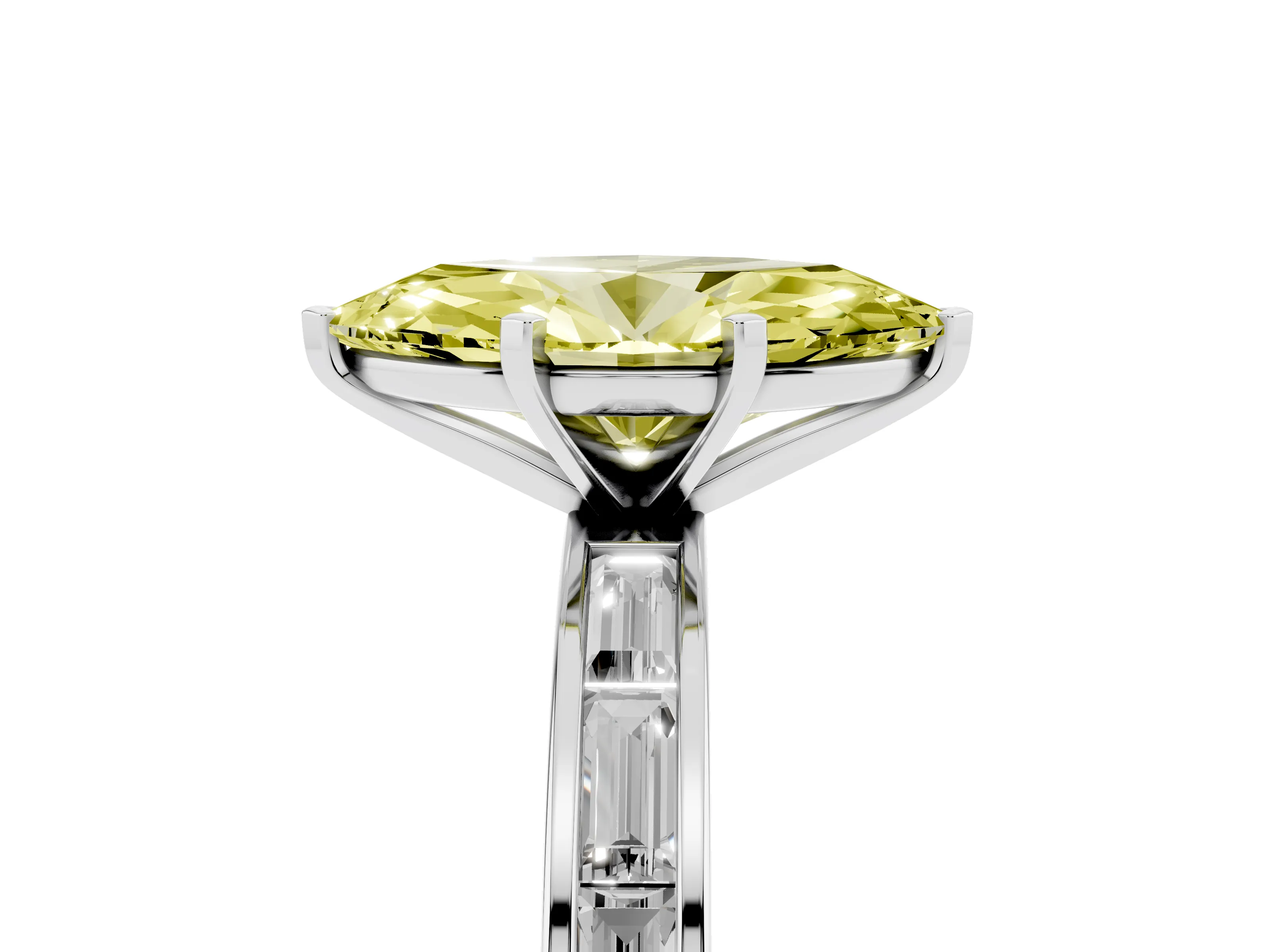 Fancy Yellow Marquise Cut Diamond Solitaire Ring Set in White gold with Channel-Set Baguette Band and Prong Setting