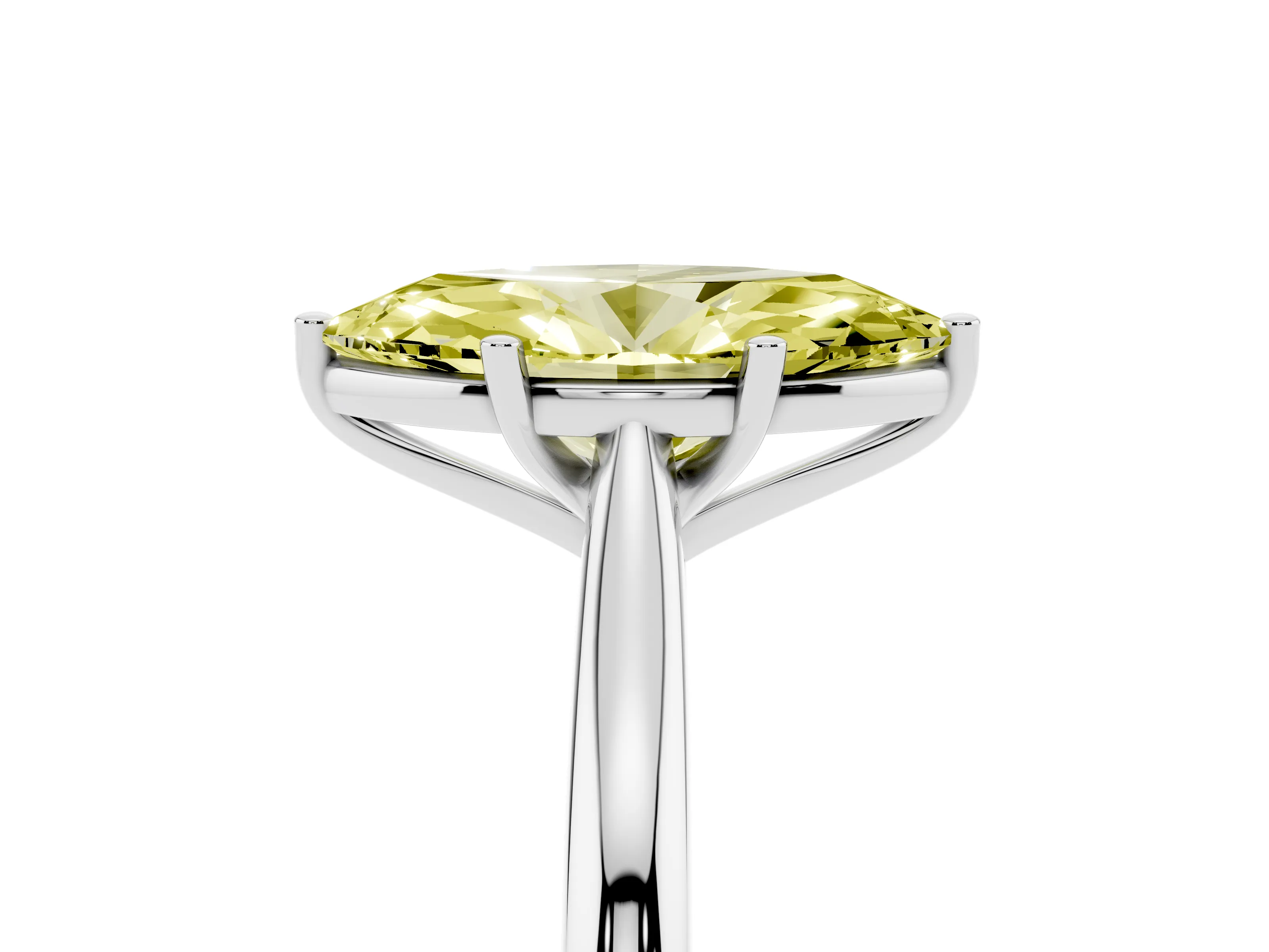 Fancy Yellow Marquise Cut Diamond Solitaire Ring Set in Platinum with Cathedral Band and Prong Setting