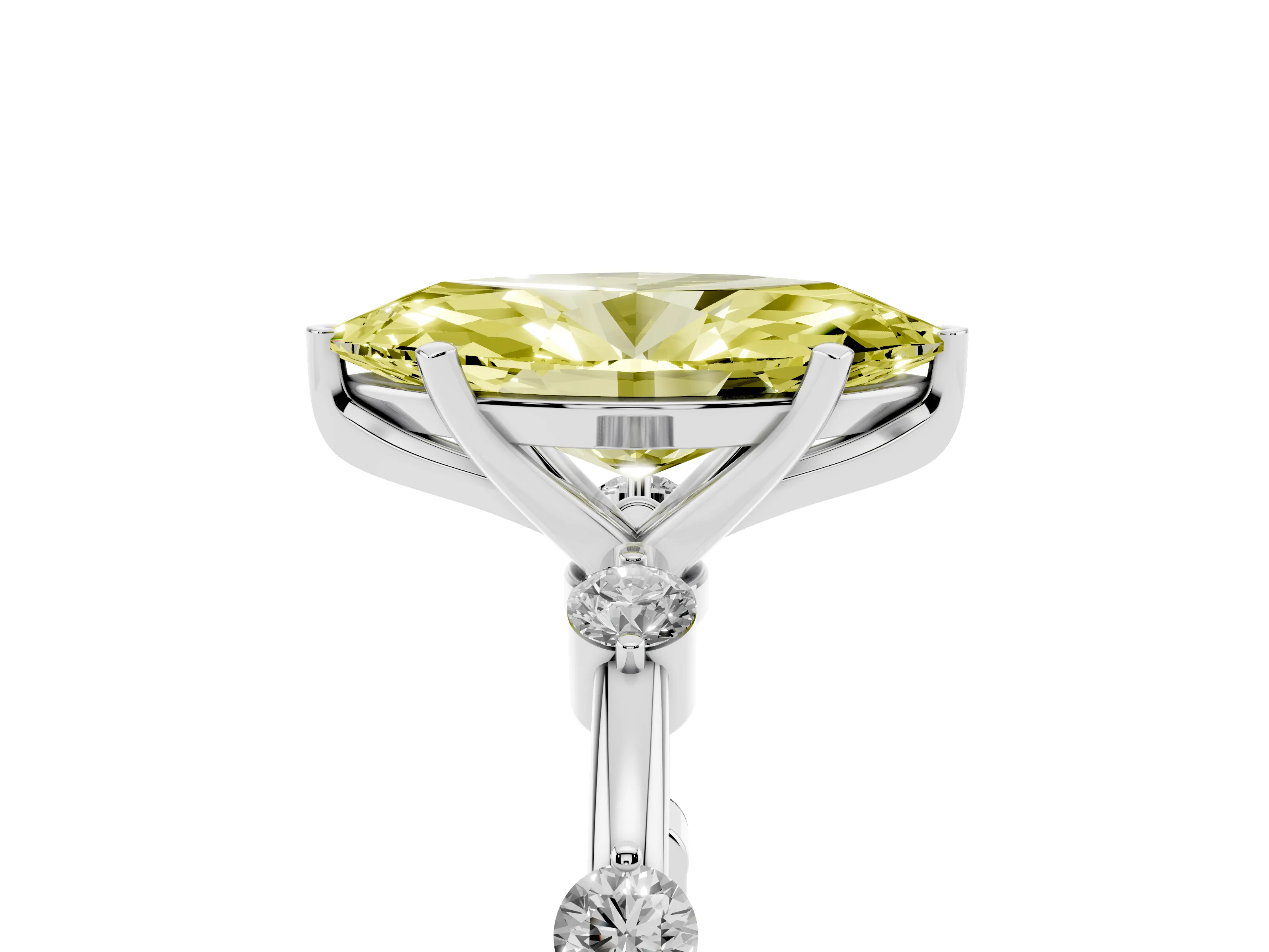 Fancy Yellow Marquise Cut Diamond Solitaire Ring Set in White gold with Bezel Set Side Stones and Prong Setting