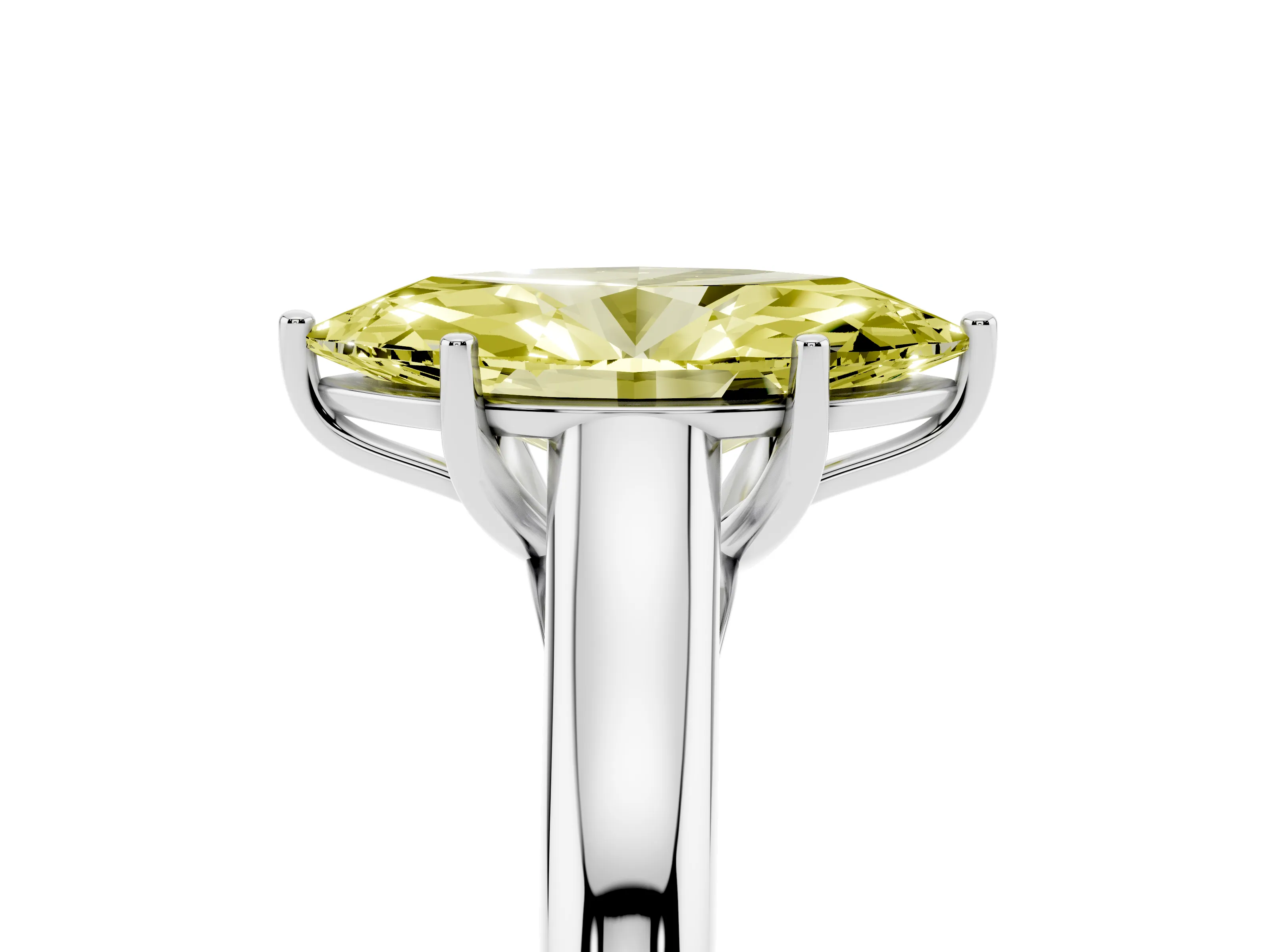 Fancy Yellow Marquise Cut Diamond Solitaire Engagement Ring Set in White gold with Subtly Tapered Band and Prong Setting