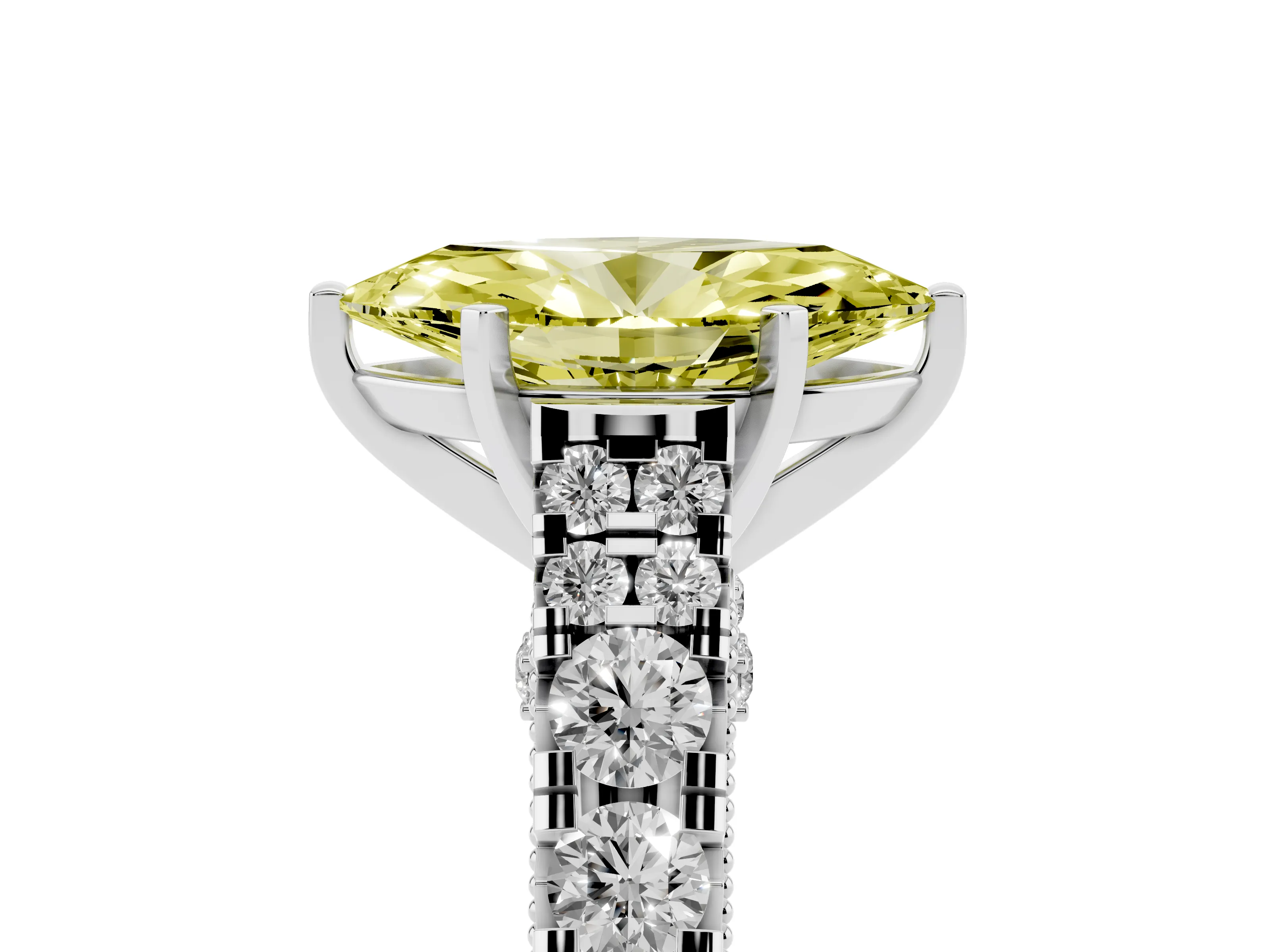 Fancy Yellow Marquise Cut Diamond Classic Solitaire Ring Set in Silver with Pavé Band and Prong Setting