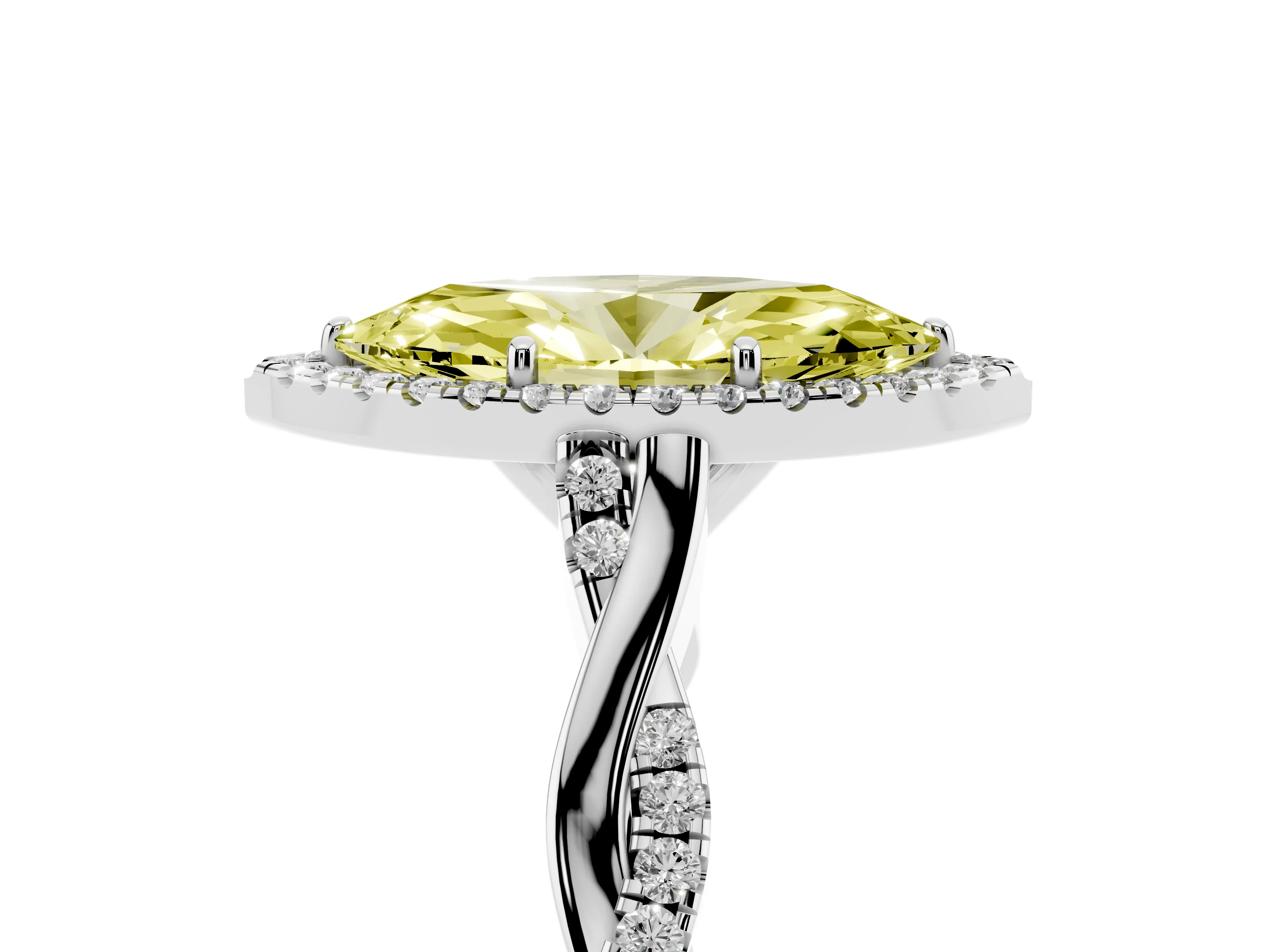 Fancy Yellow Marquise Cut Diamond Halo Twist Band Solitaire Ring Set in Silver with Prong Setting