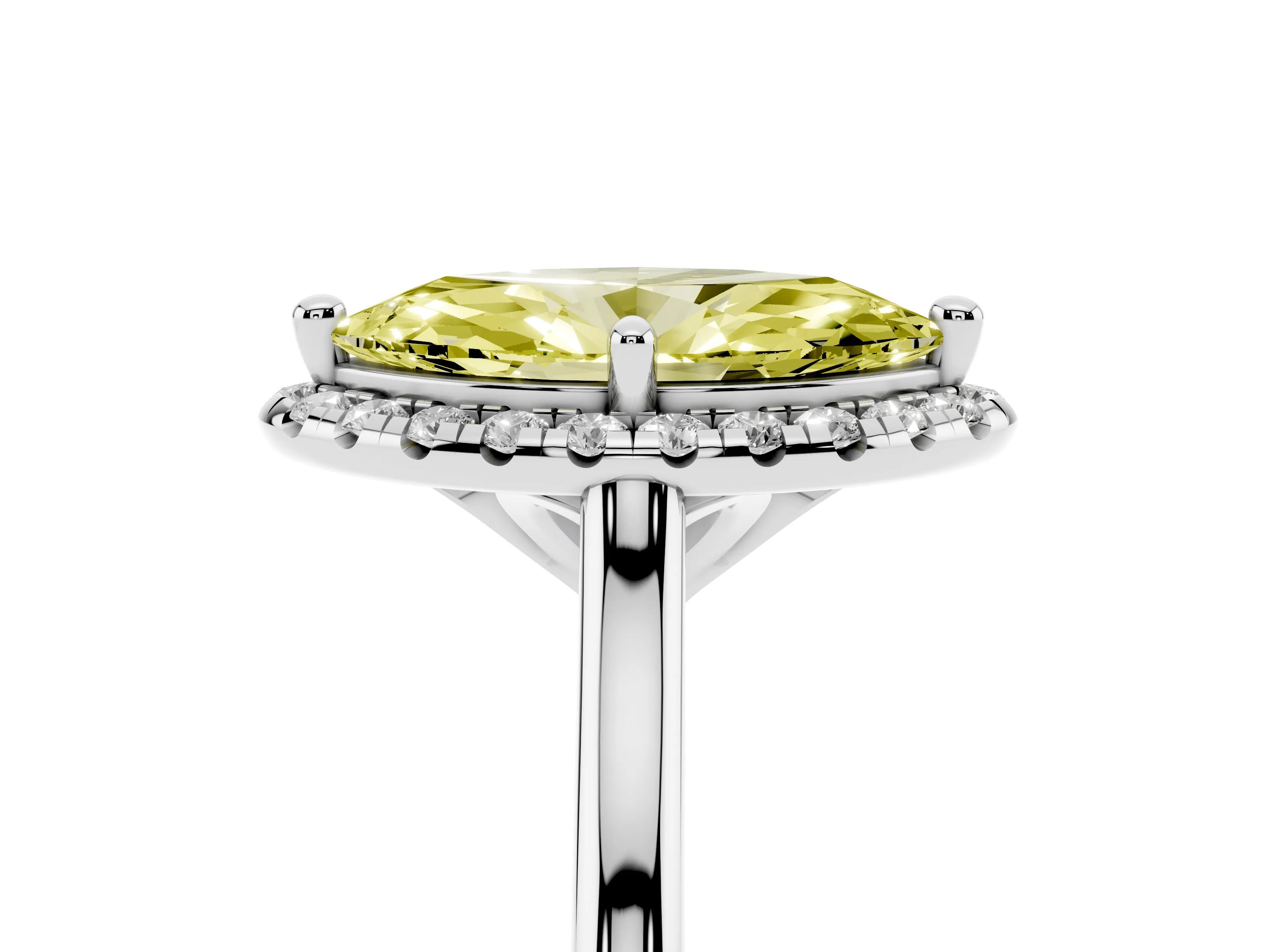 Fancy Yellow Marquise Cut Diamond Halo Engagement Ring Set in White gold with Pavé Band and Rising Shoulders