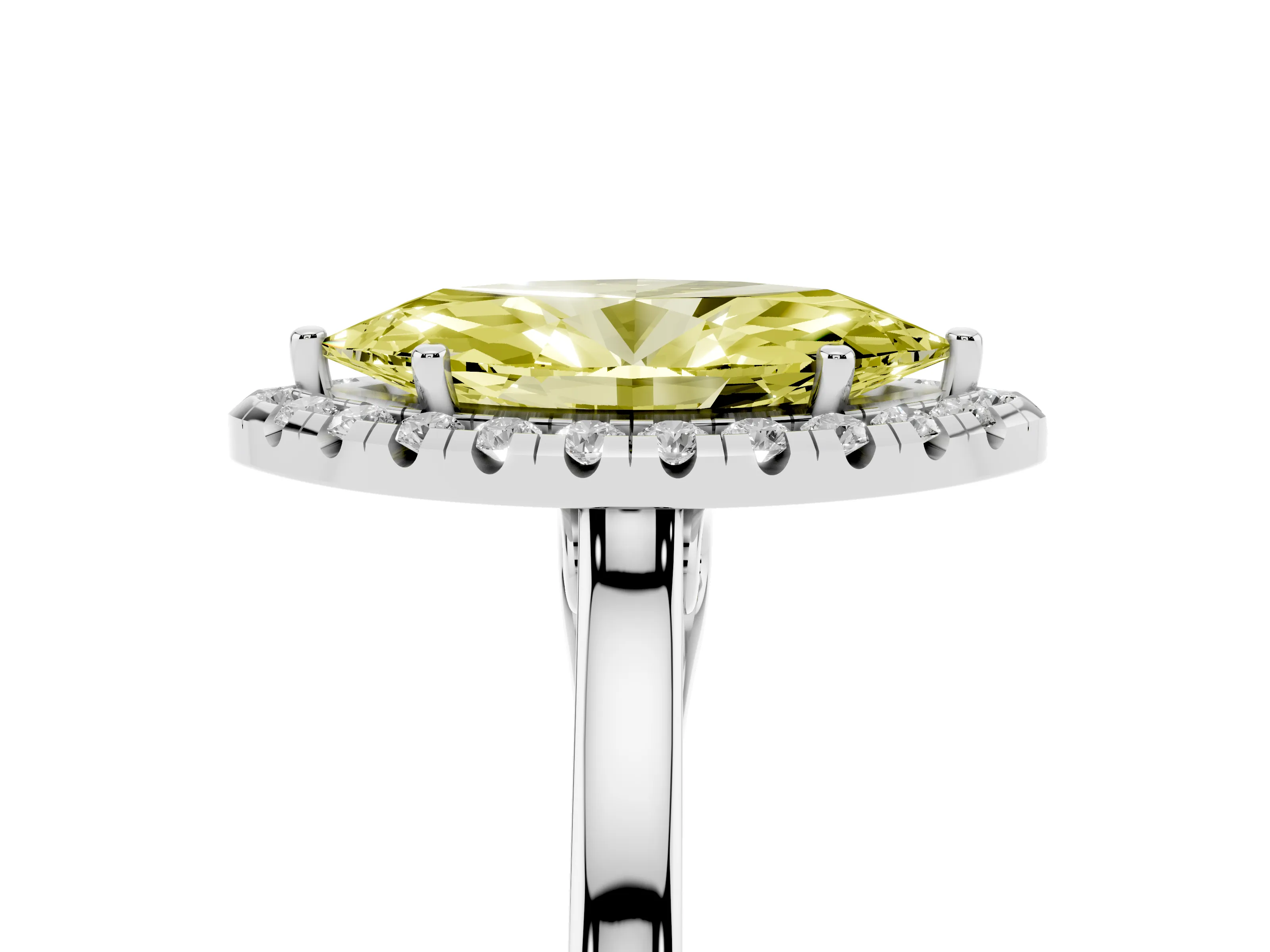 Fancy Yellow Marquise Cut Halo Round Diamond Solitaire Ring Set in Platinum with Pavé Band and Prong Setting