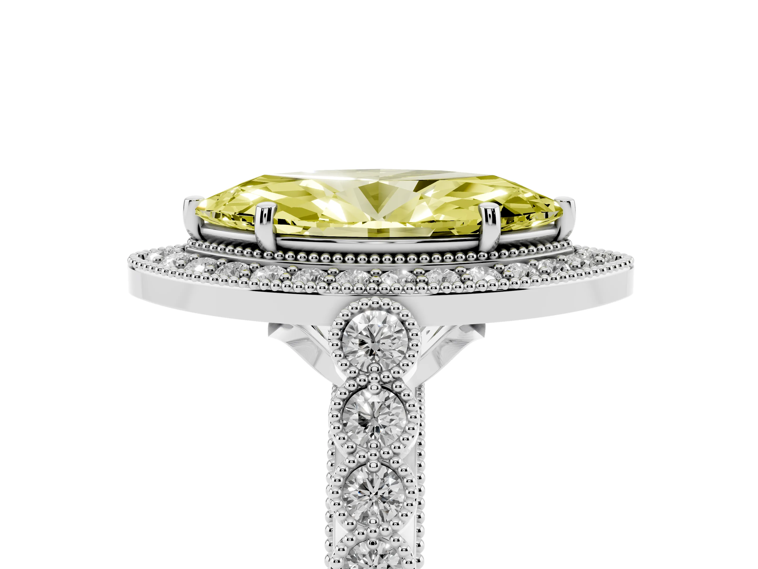 Fancy Yellow Marquise Cut Diamond Milgrain Halo Solitaire Ring Set in White gold with Bezel Set Side Stones and Pavé Band