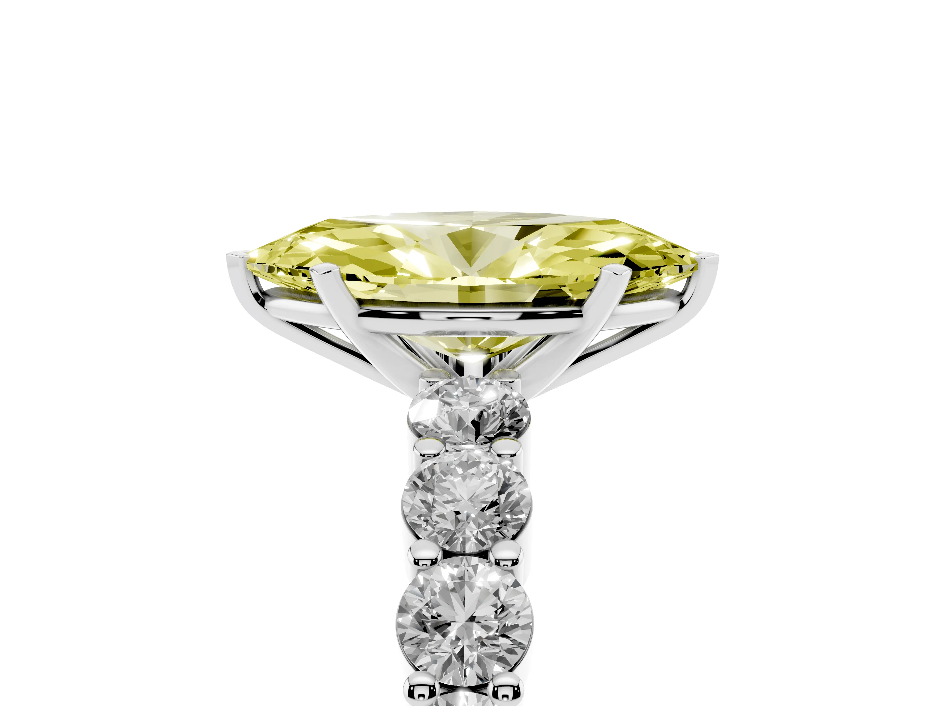Fancy Yellow Marquise Cut Diamond Solitaire Ring Set in Silver with Shared Prong Round Side Stones