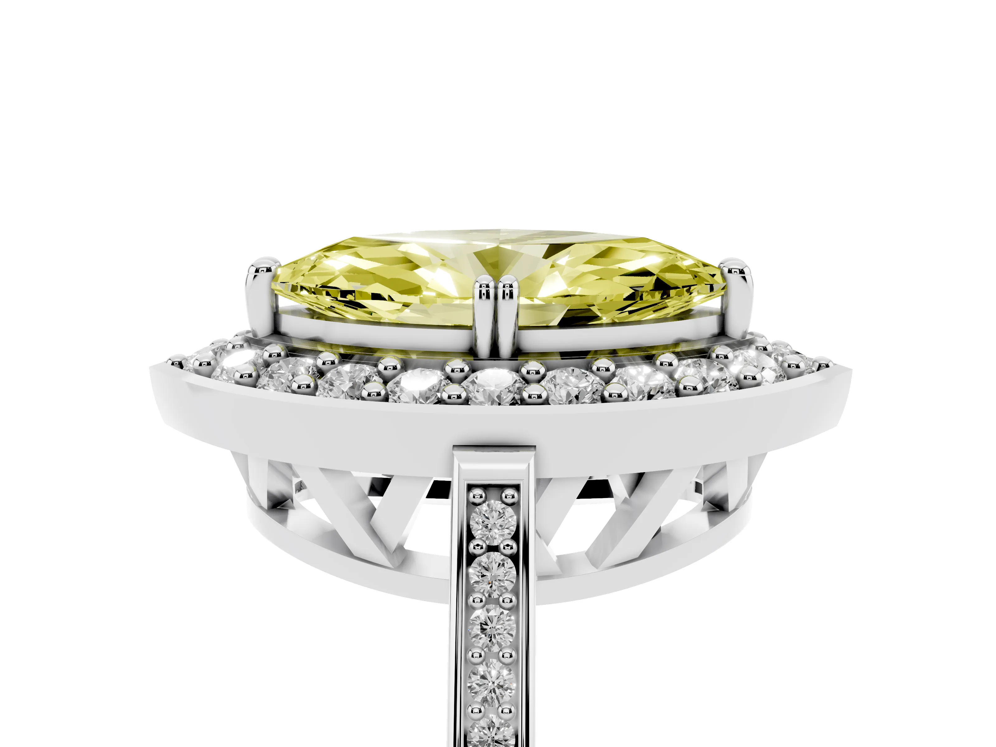 Fancy Yellow Marquise Cut Diamond Halo Ring Set in White gold with Accent-Lined Split Shank and Prong Setting