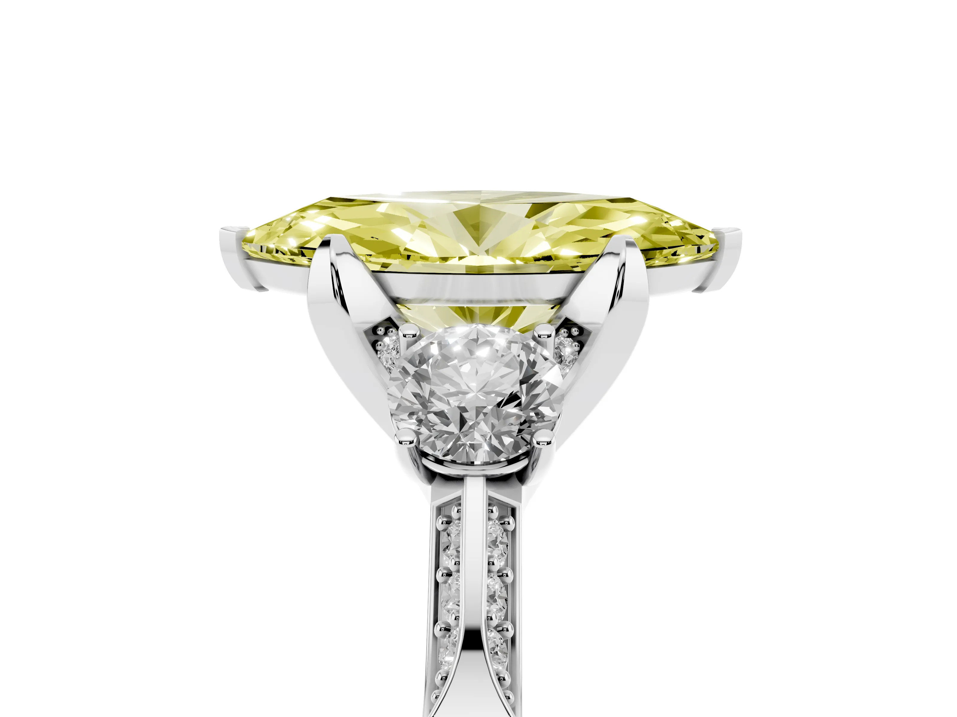 Fancy Yellow Marquise Cut Diamond Three-Stone Ring Set in Platinum with Pavé Band and Smaller Side Stones