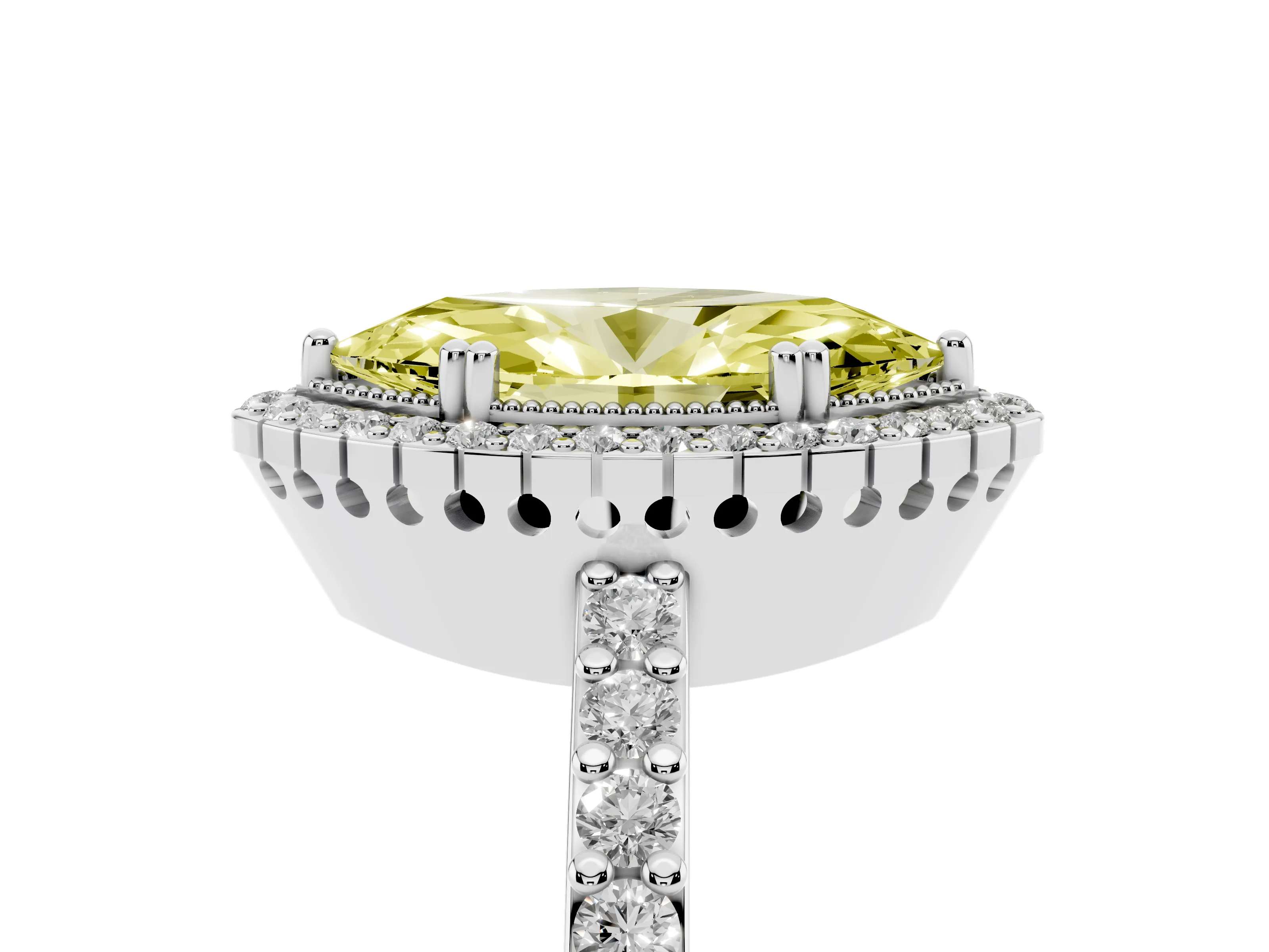 Fancy Yellow Marquise Cut Diamond Halo Engagement Ring Set in White gold with Milgrain Detail and Pavé Band