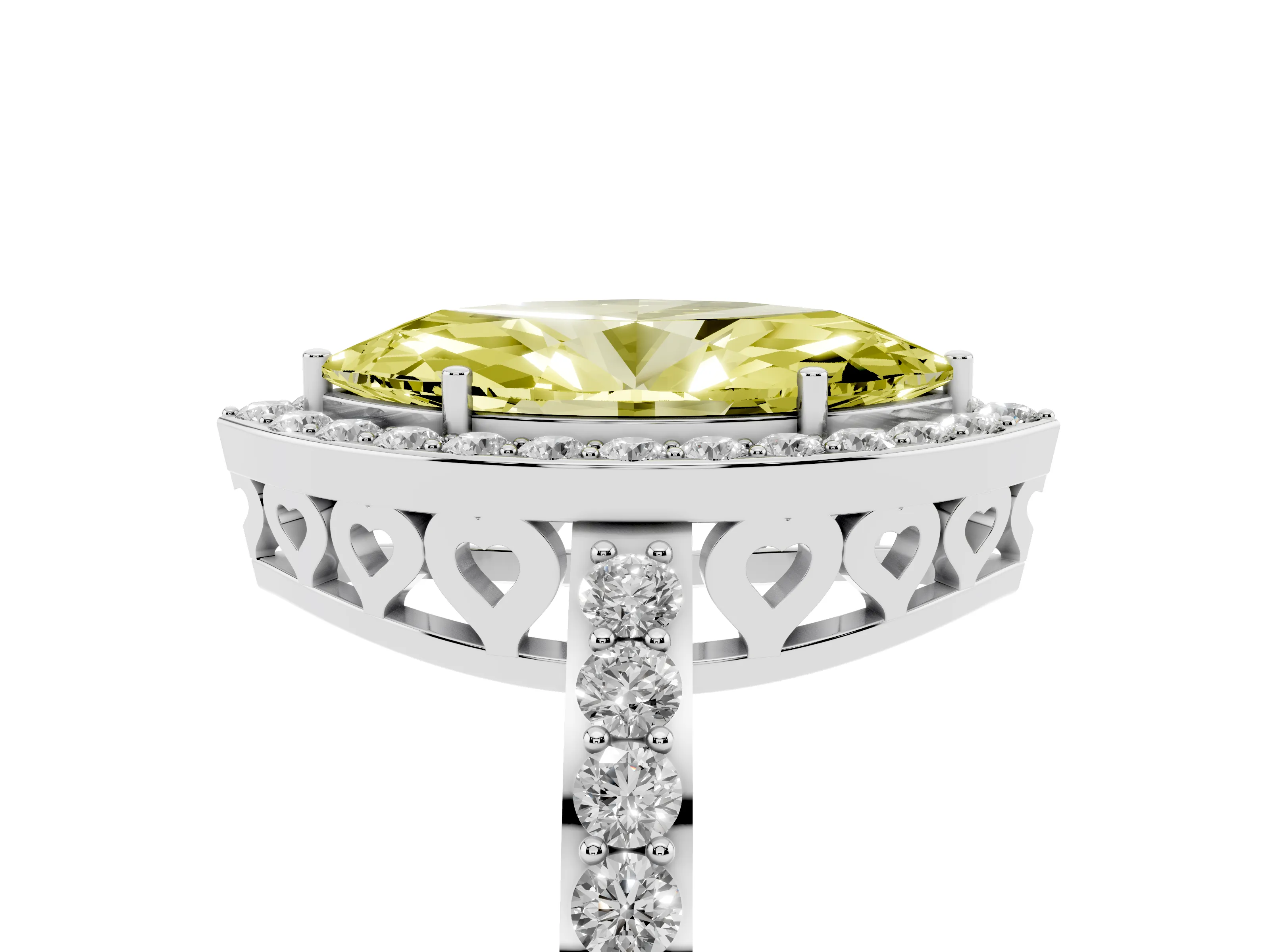 Fancy Yellow Marquise Cut Diamond Halo Ring Set in White gold with Pavé-Setting Band and Open Prong Center