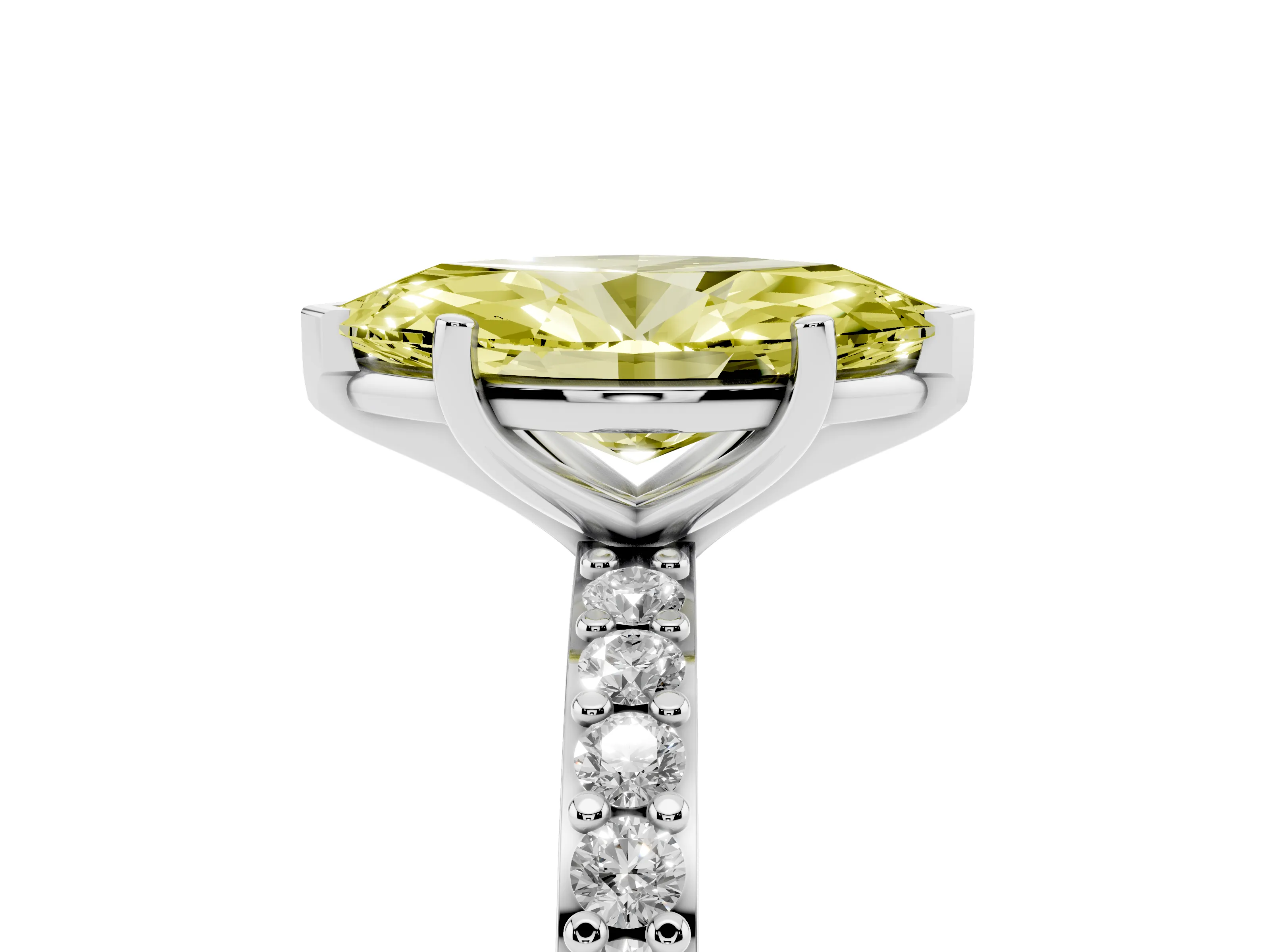 Fancy Yellow Marquise Cut Diamond Solitaire Set in Silver with Round Pavé Band and Prong Setting