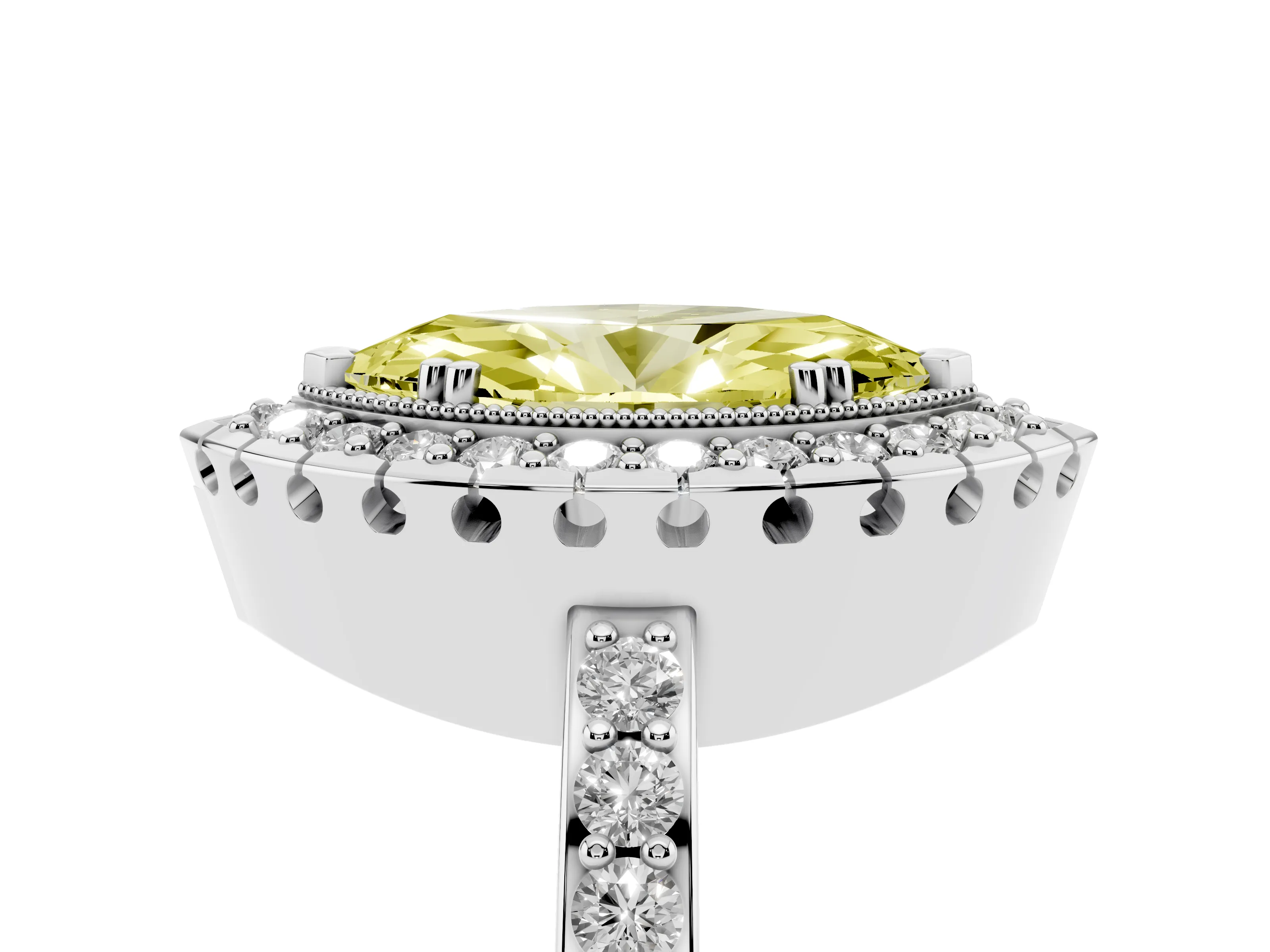 Fancy Yellow Marquise Cut Diamond Halo Ring Set in White gold with Pavé Shank and Prong Setting