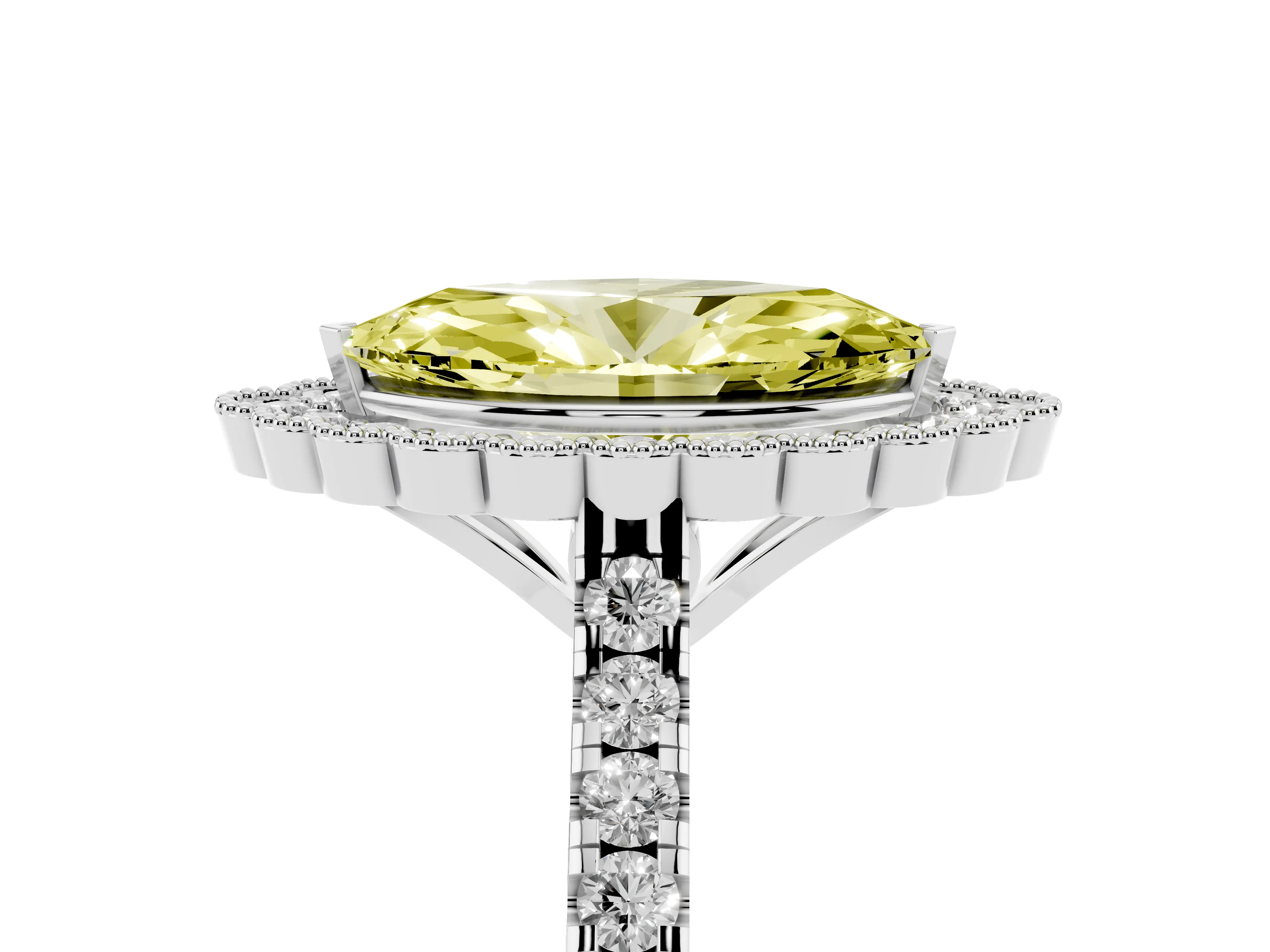 Fancy Yellow Marquise Cut Diamond Milgrain Floral Halo Engagement Ring Set in White gold with Pavé Band