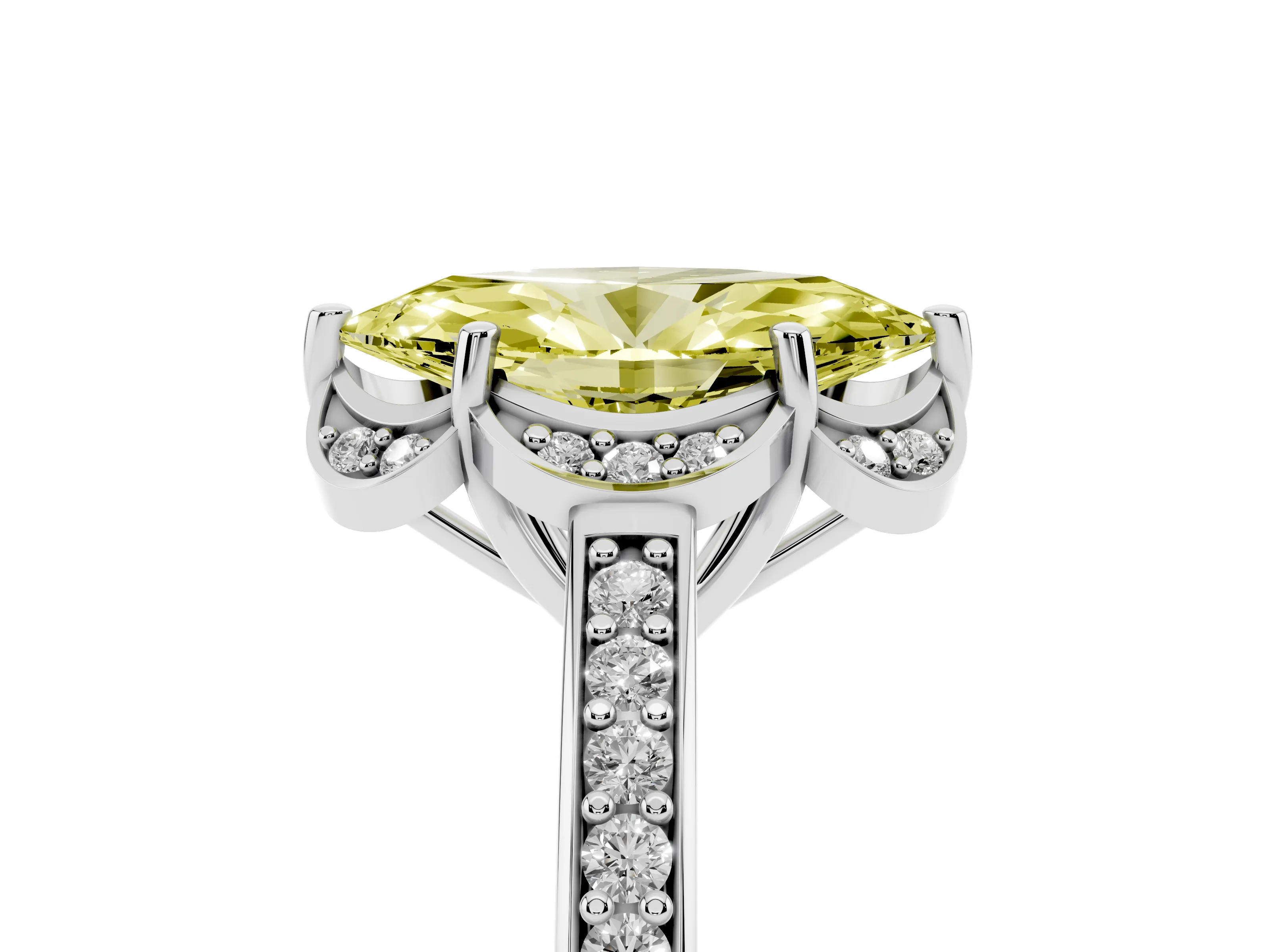 Fancy Yellow Marquise Cut Diamond Halo Ring Set in Silver with Channel Set Band and Prong Setting