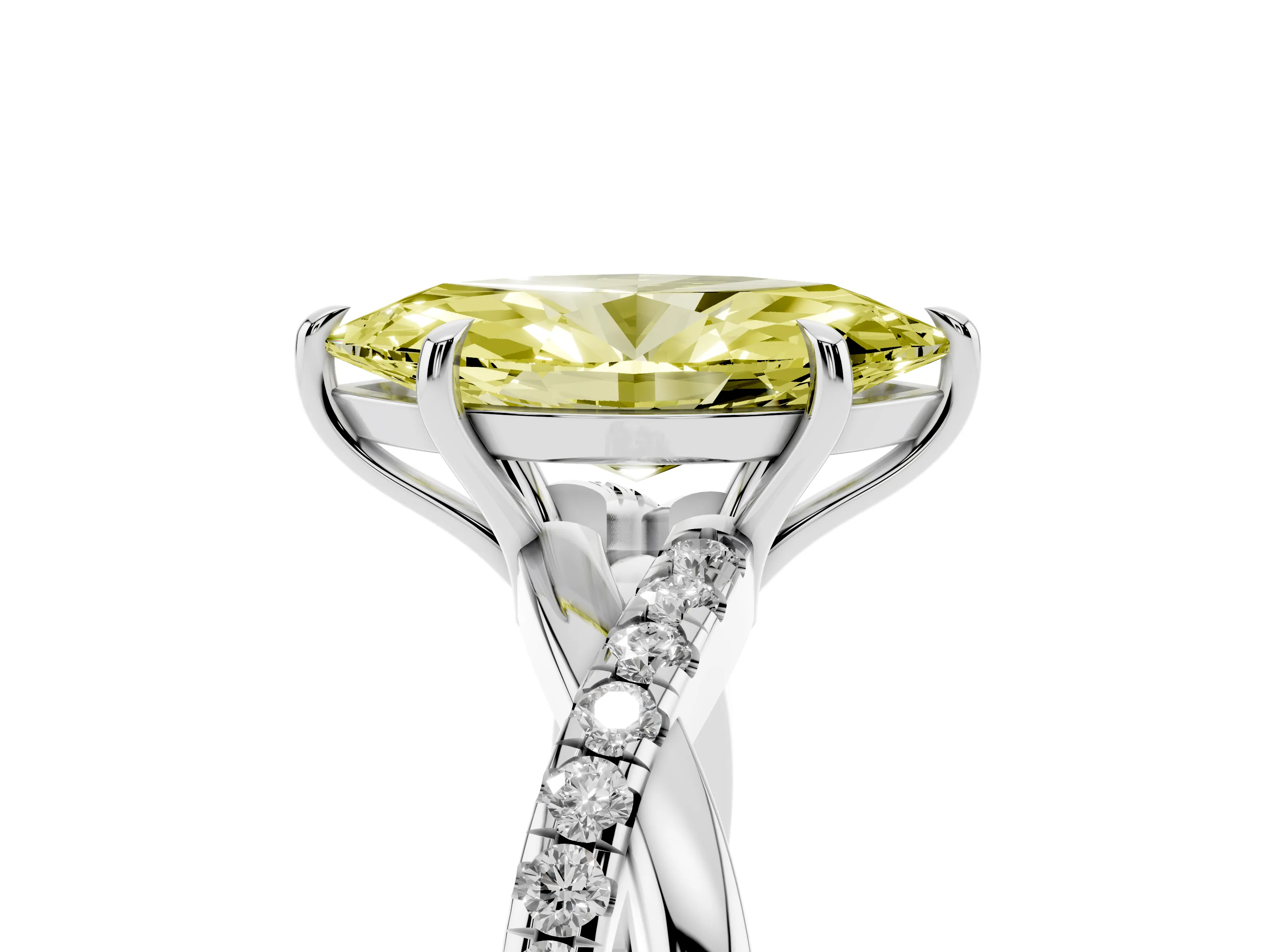 Fancy Yellow Marquise Cut Diamond Twisted Pavé Band Ring Set in Silver with Prong Setting