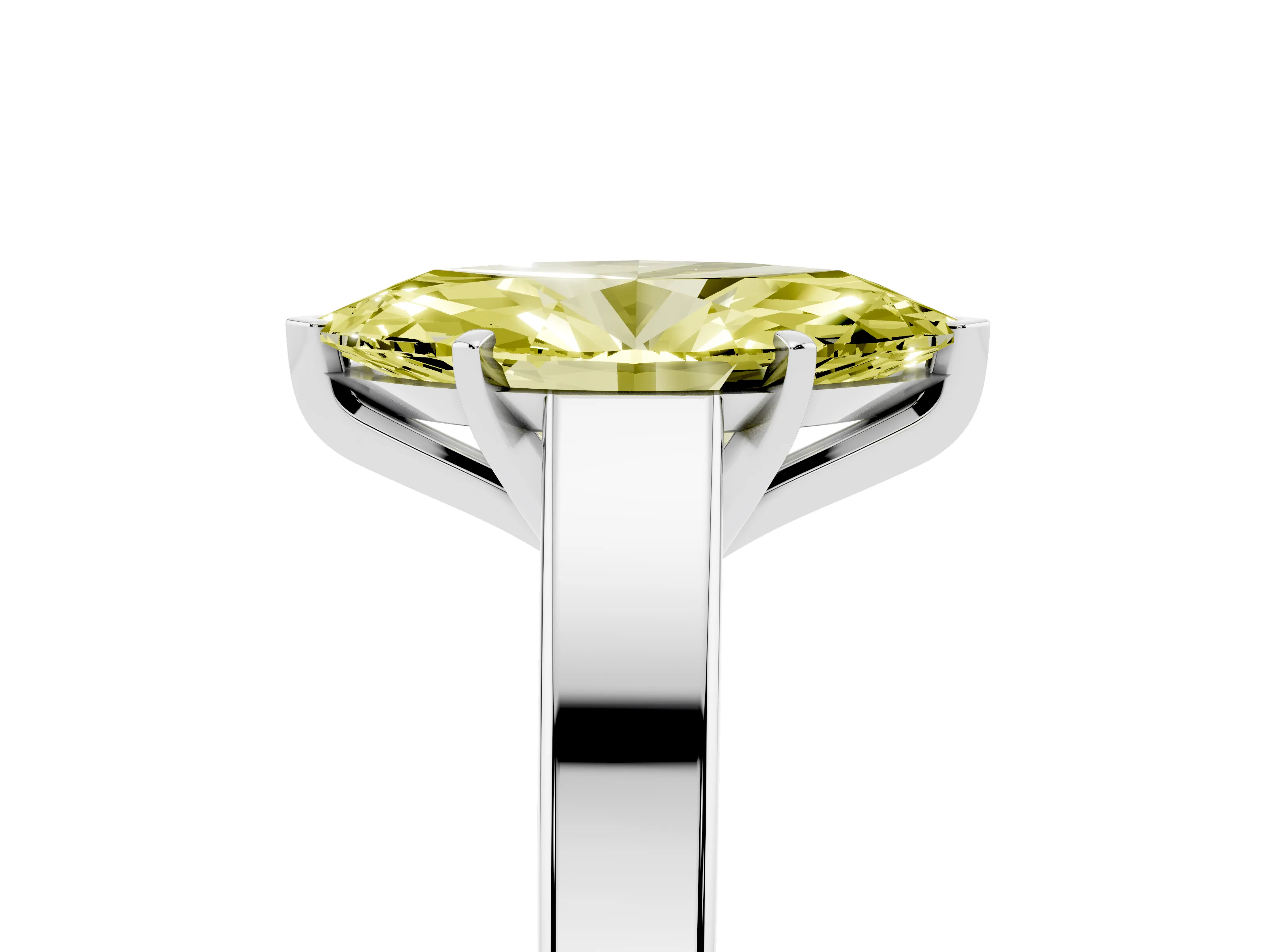 Fancy Yellow Marquise Cut Diamond Solitaire Engagement Ring Set in Platinum with Prong Setting and Tapered Band