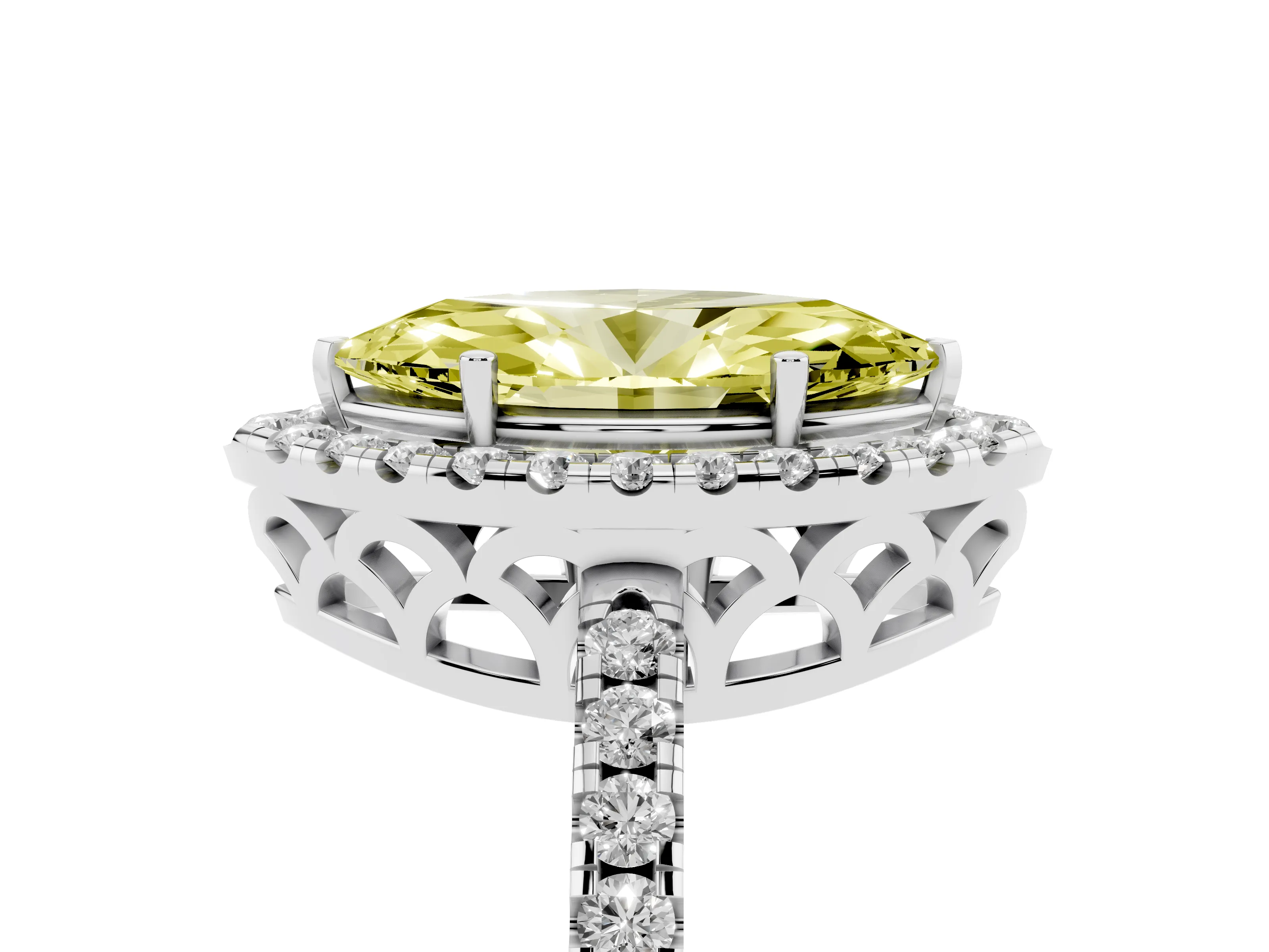 Fancy Yellow Marquise Cut Diamond Pavé Band Halo Engagement Ring Set in Silver with Prong Setting