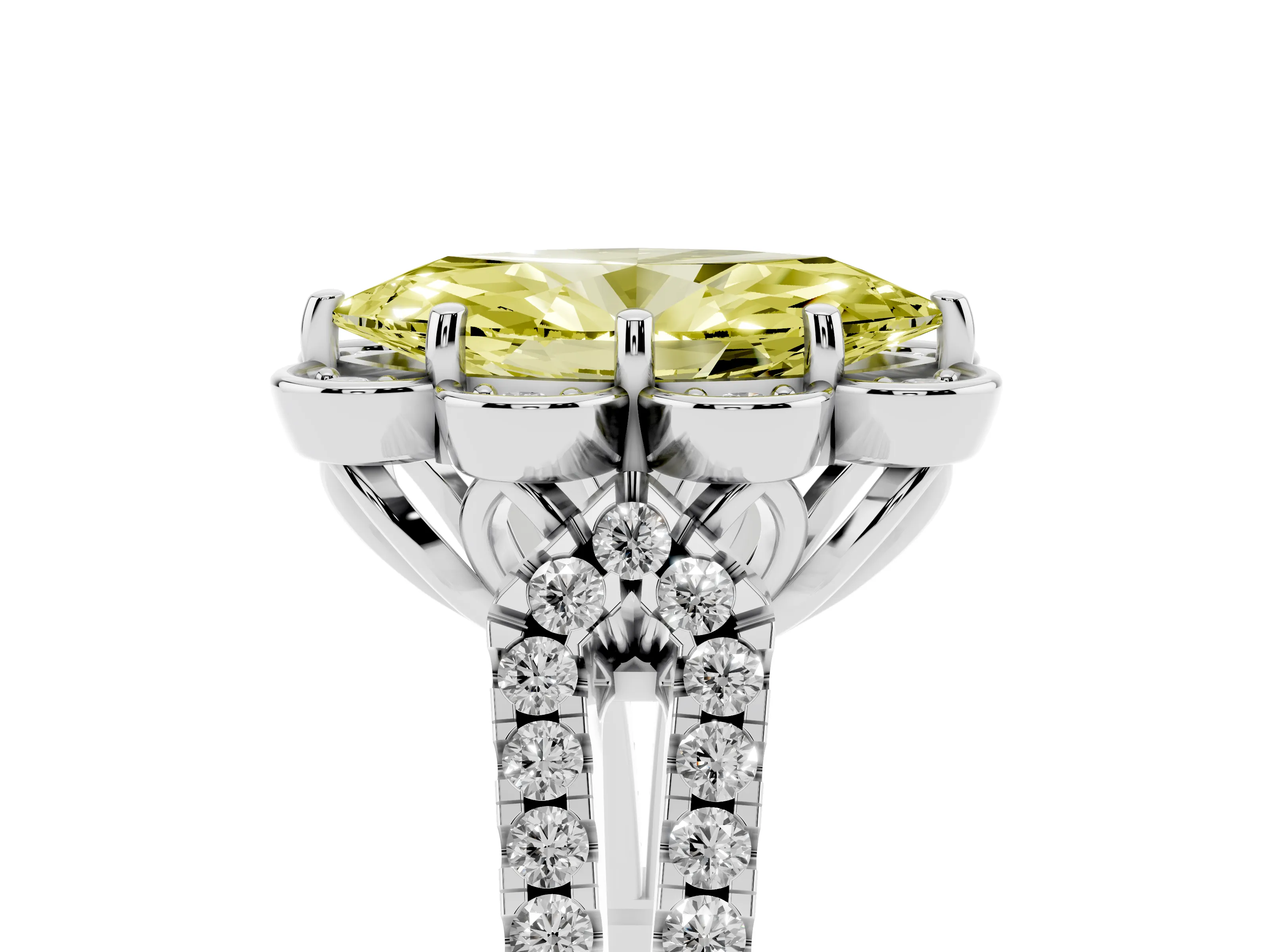 Fancy Yellow Marquise Cut Diamond Floral Halo Split Shank Engagement Ring Set in Silver with Pavé Shank