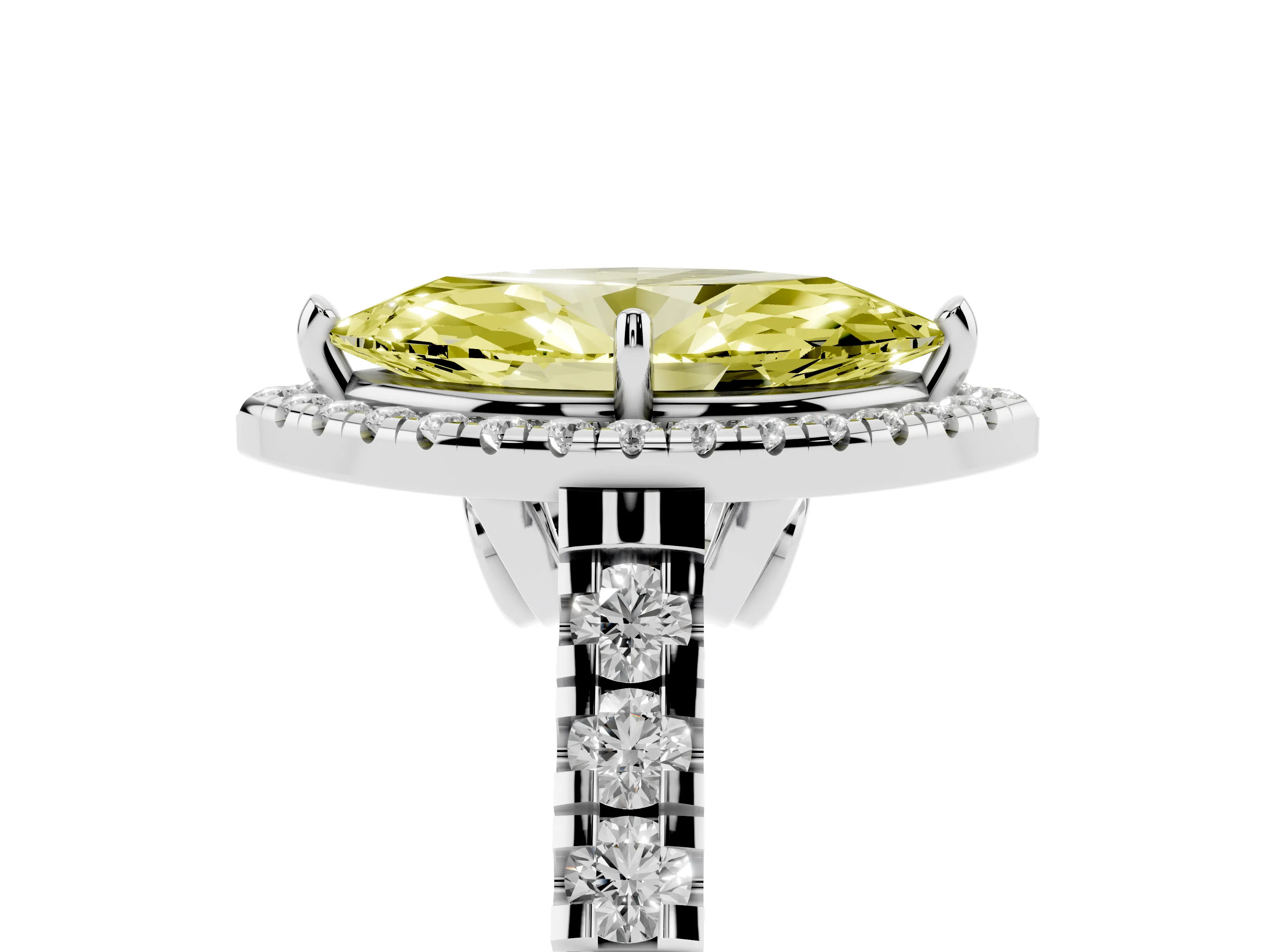 Fancy Yellow Marquise Cut Diamond Halo Engagement Ring Set in Platinum with Pavé Band and Prong-Set Center