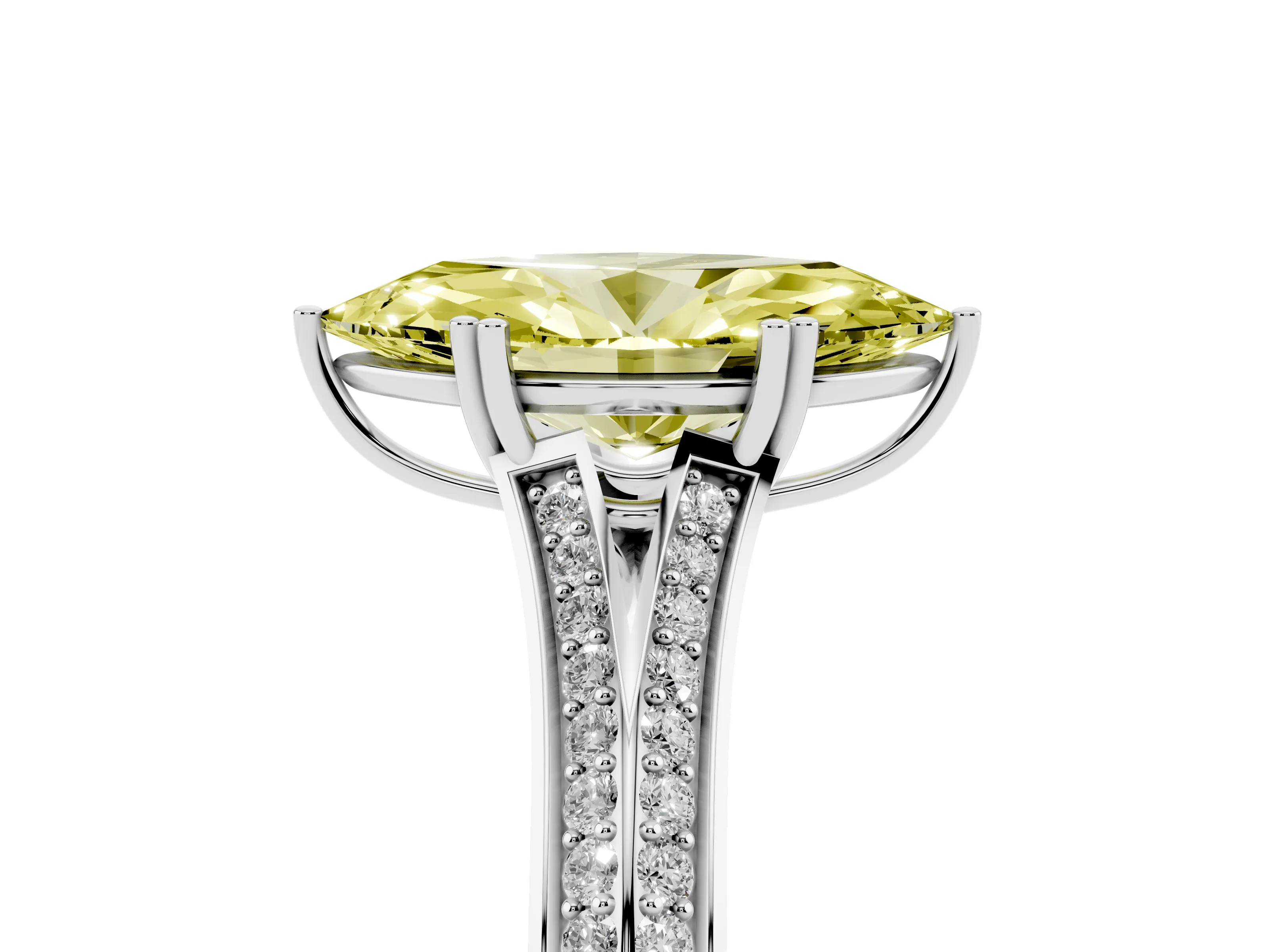 Fancy Yellow Marquise Cut Diamond Split Shank Pavé Engagement Ring Set in White gold with Prong-Set Center Stone