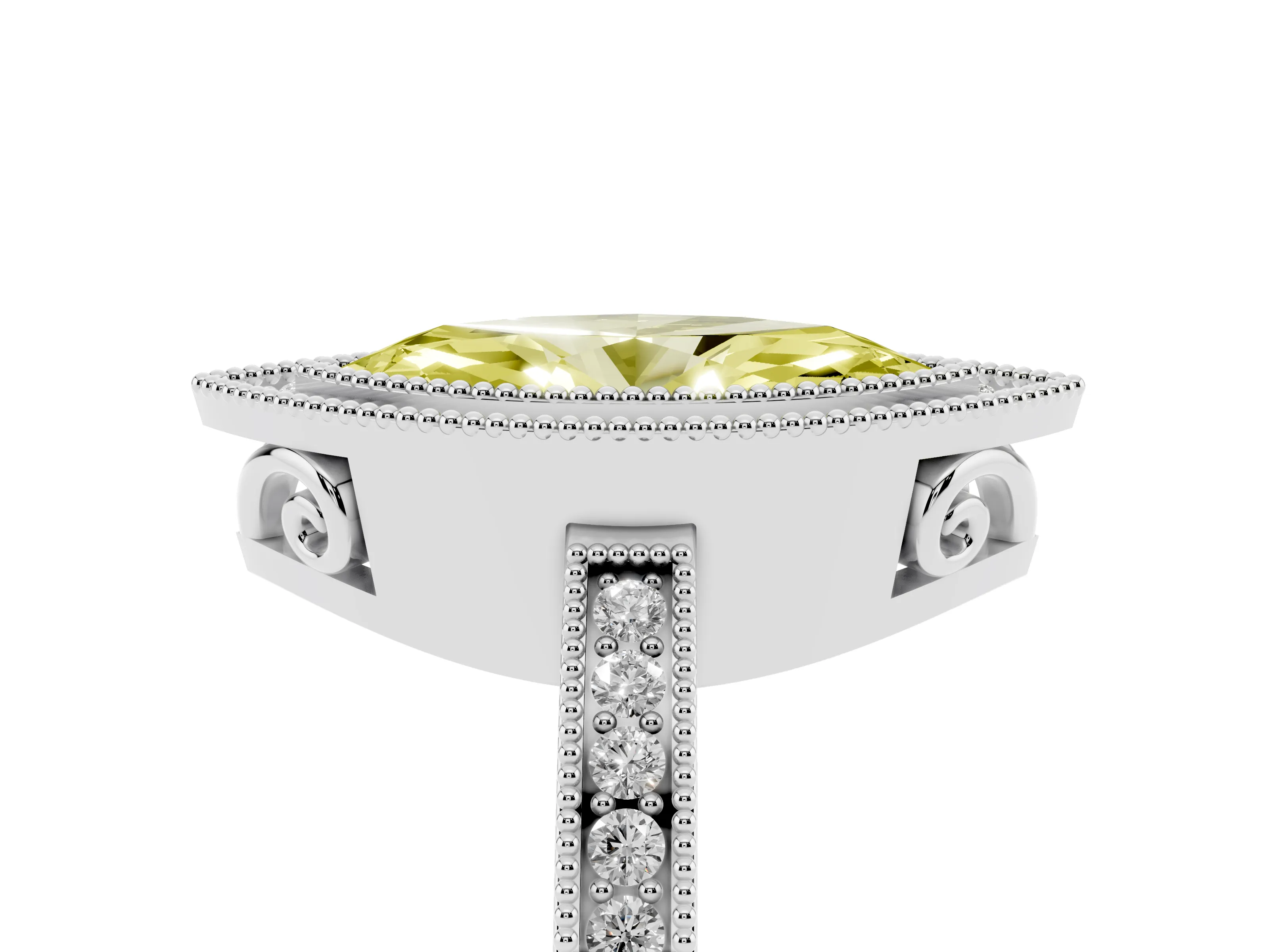 Fancy Yellow Marquise Cut Diamond Halo Ring Set in White gold with Pavé Band and Milgrain-Edged Prongs