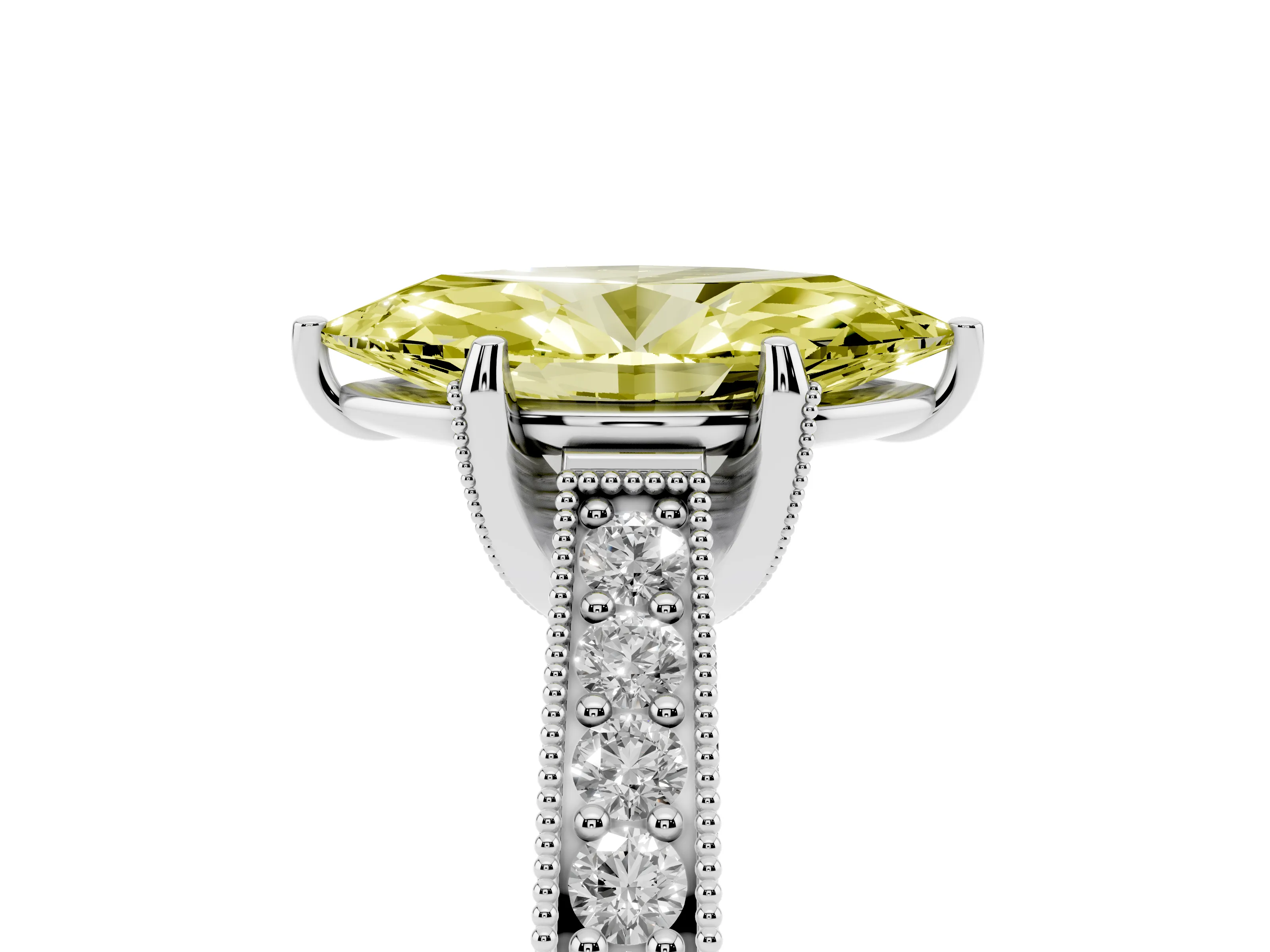 Fancy Yellow Marquise Cut Diamond Solitaire Ring Set in White gold with Milgrain-Edged Pavé Band and Prong Setting