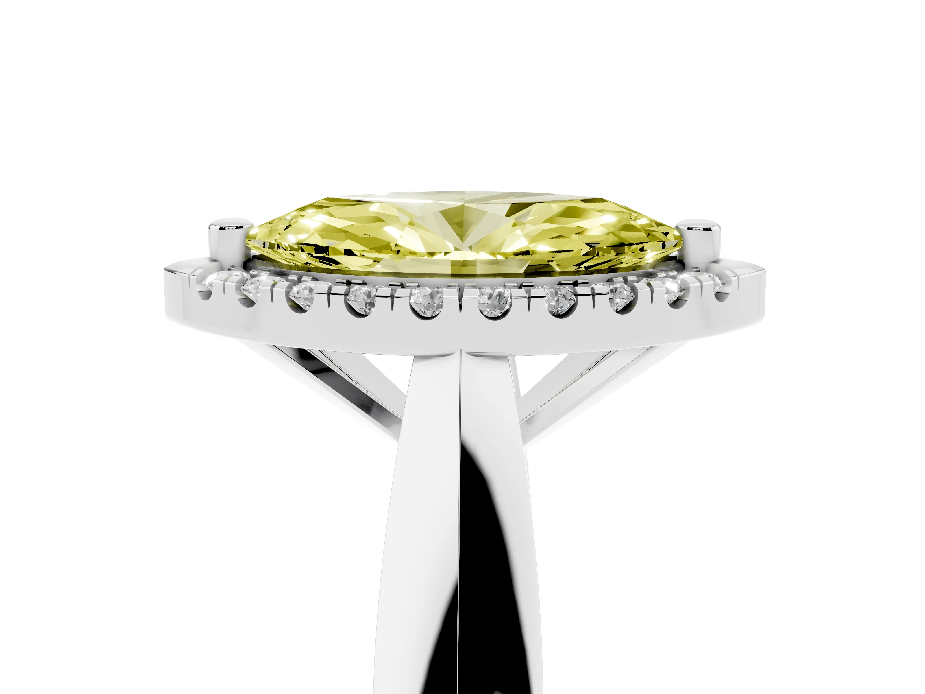 Fancy Yellow Marquise Cut Diamond Halo Solitaire Engagement Ring Set in White gold with Square Band and Prong Setting