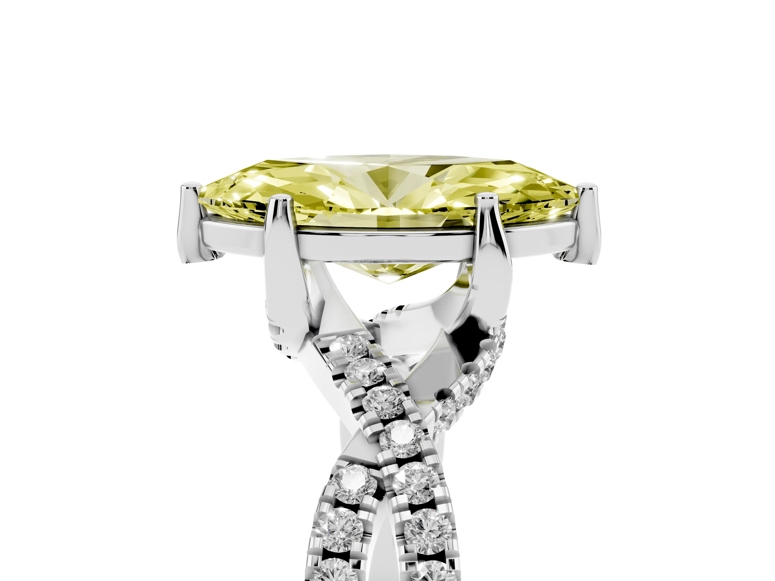 Fancy Yellow Marquise Cut Diamond Twist Pavé Solitaire Engagement Ring Set in White gold with Prong Setting