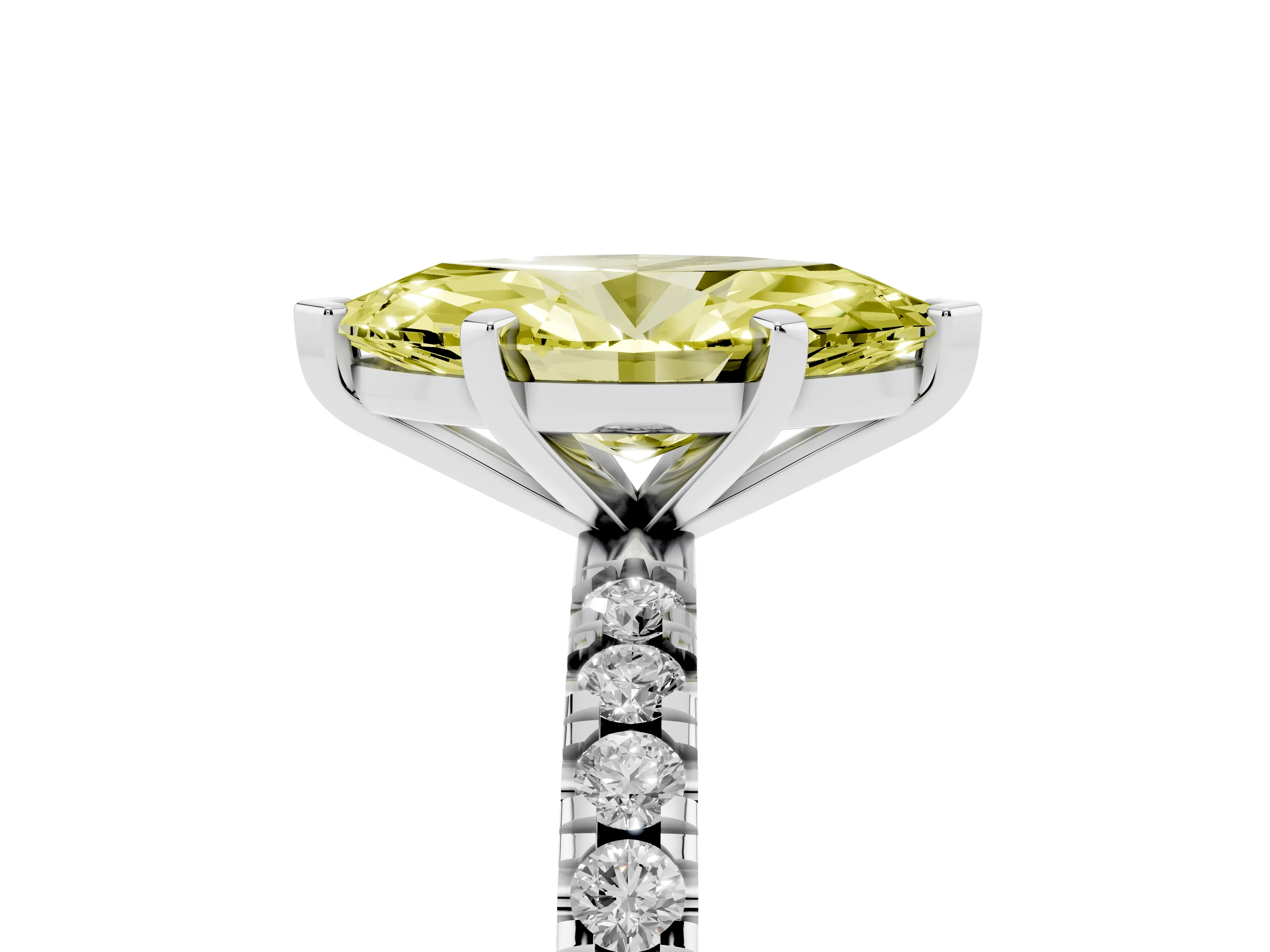 Fancy Yellow Marquise Cut Diamond Pavé Band Solitaire Set in White gold with Prong Setting