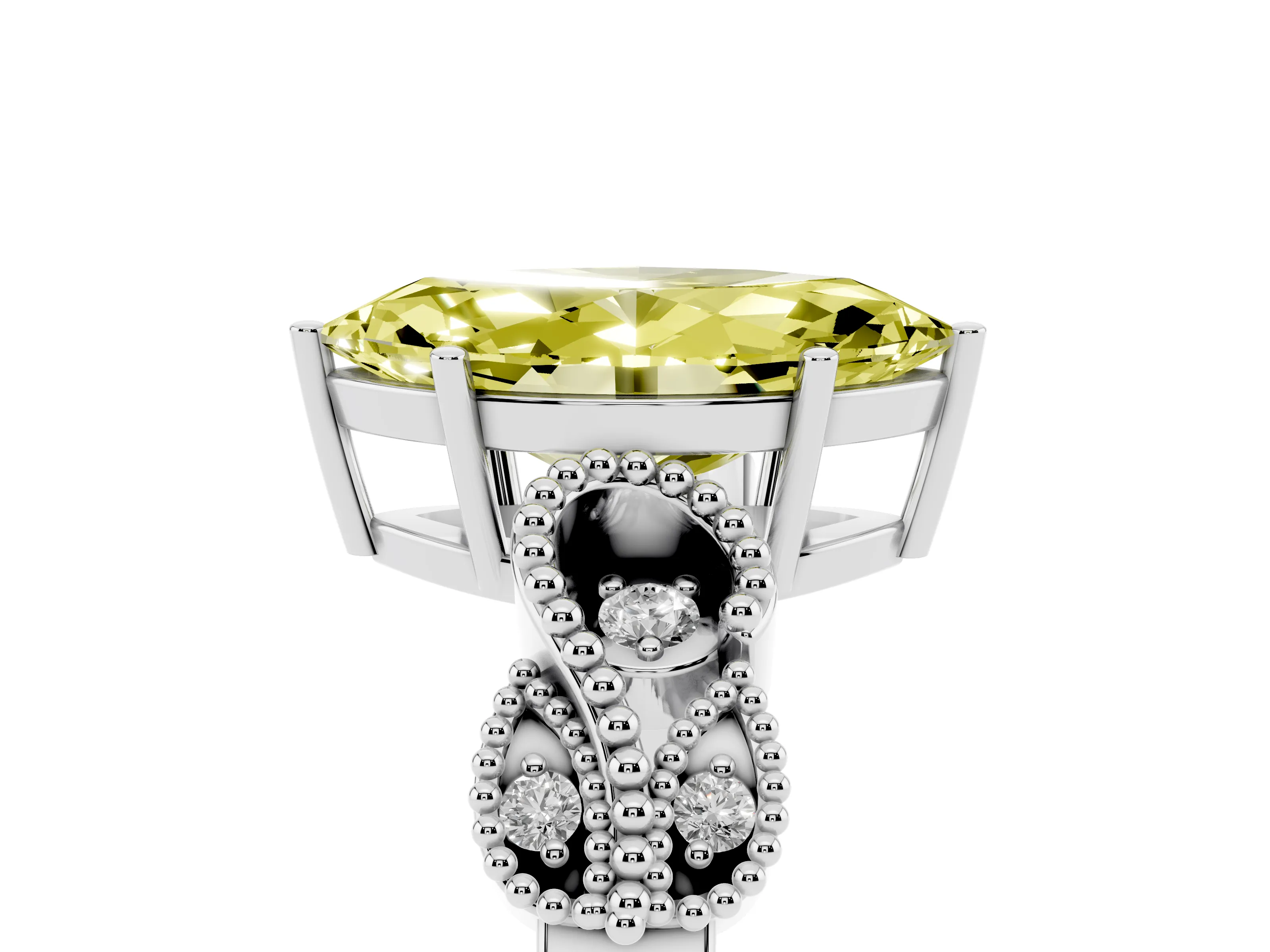 Fancy Yellow Marquise Cut Diamond Milgrain Leaf Band Solitaire Ring Set in White gold with Accent Stones and Prong Setting