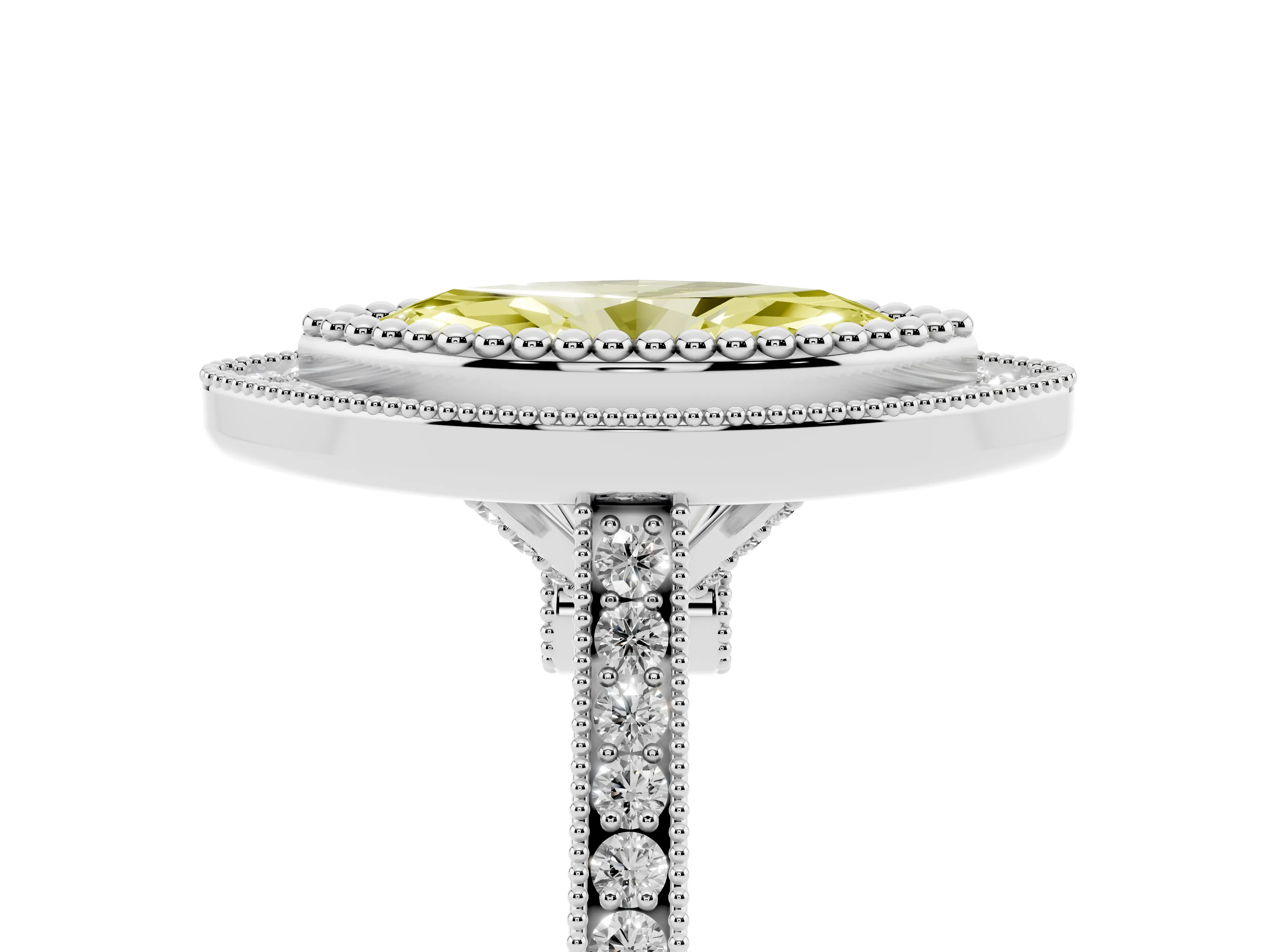 Fancy Yellow Marquise Cut Diamond Halo Ring Set in Silver with Milgrain Frame and Pavé Band