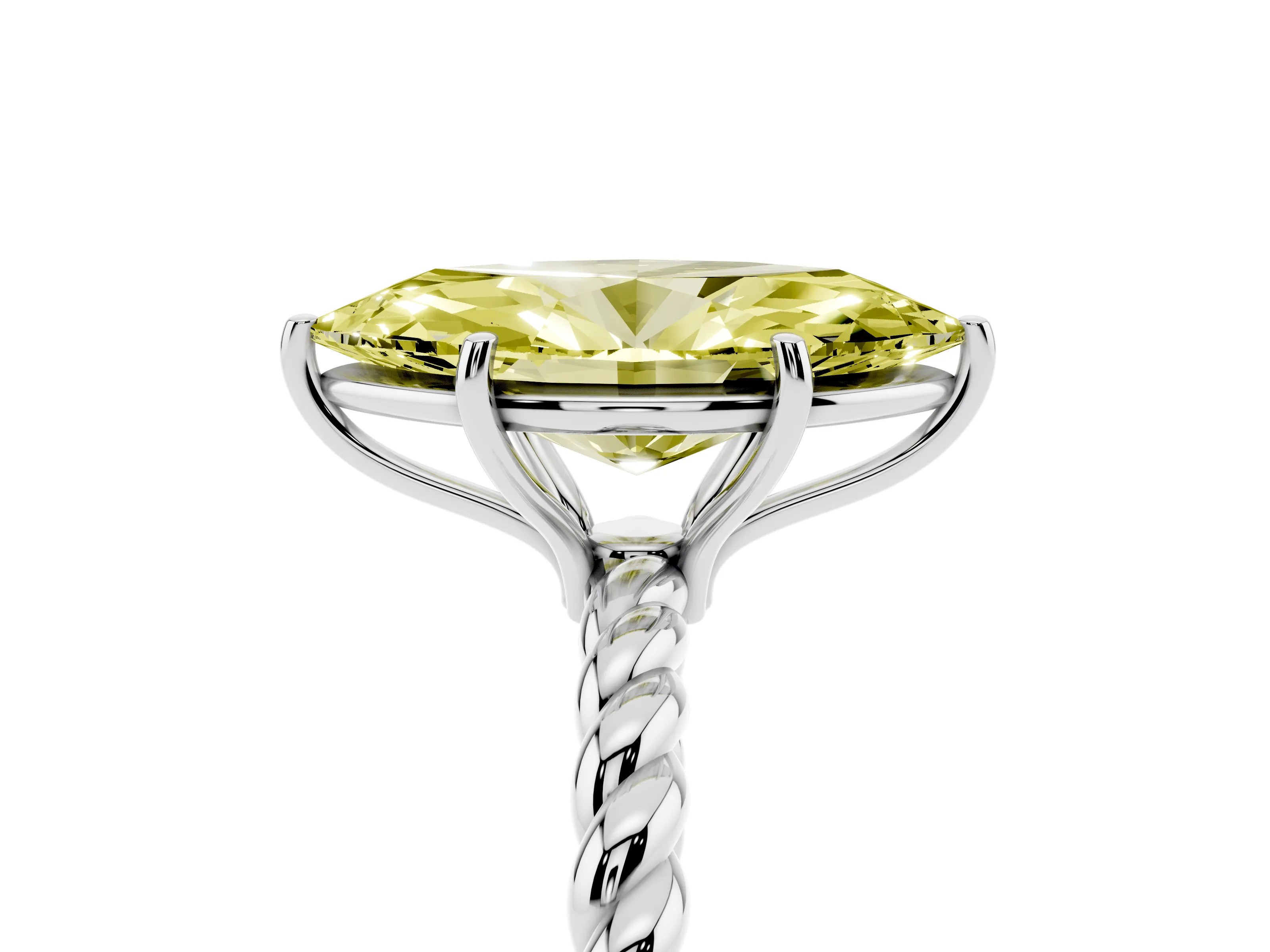 Fancy Yellow Marquise Cut Diamond Solitaire Ring Set in Silver with Twist Band and Prong Setting