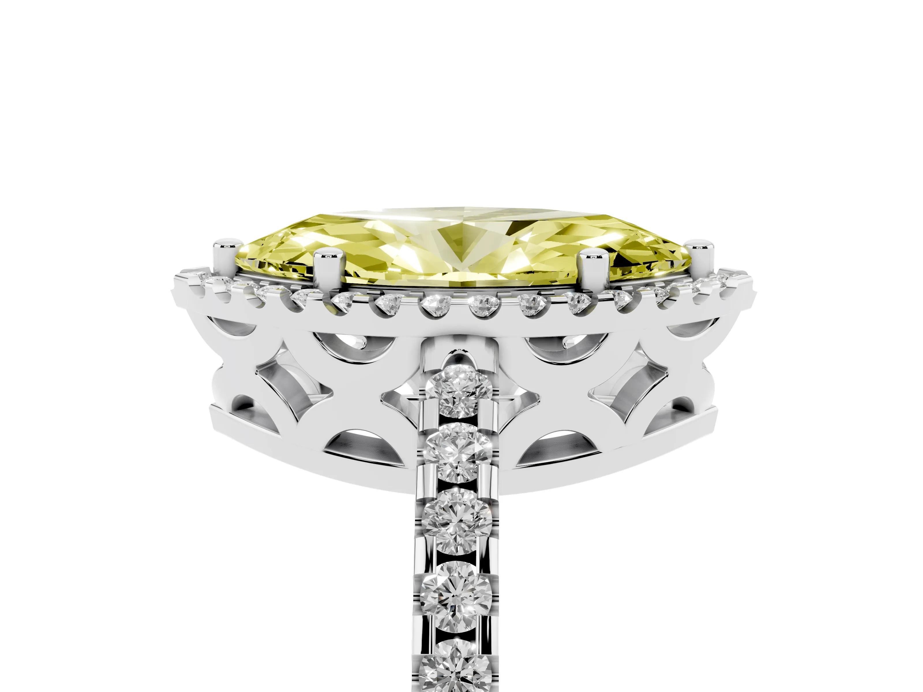Fancy Yellow Marquise Cut Diamond Halo Ring Set in White gold with Pavé Shoulders and Halo-Framed Center