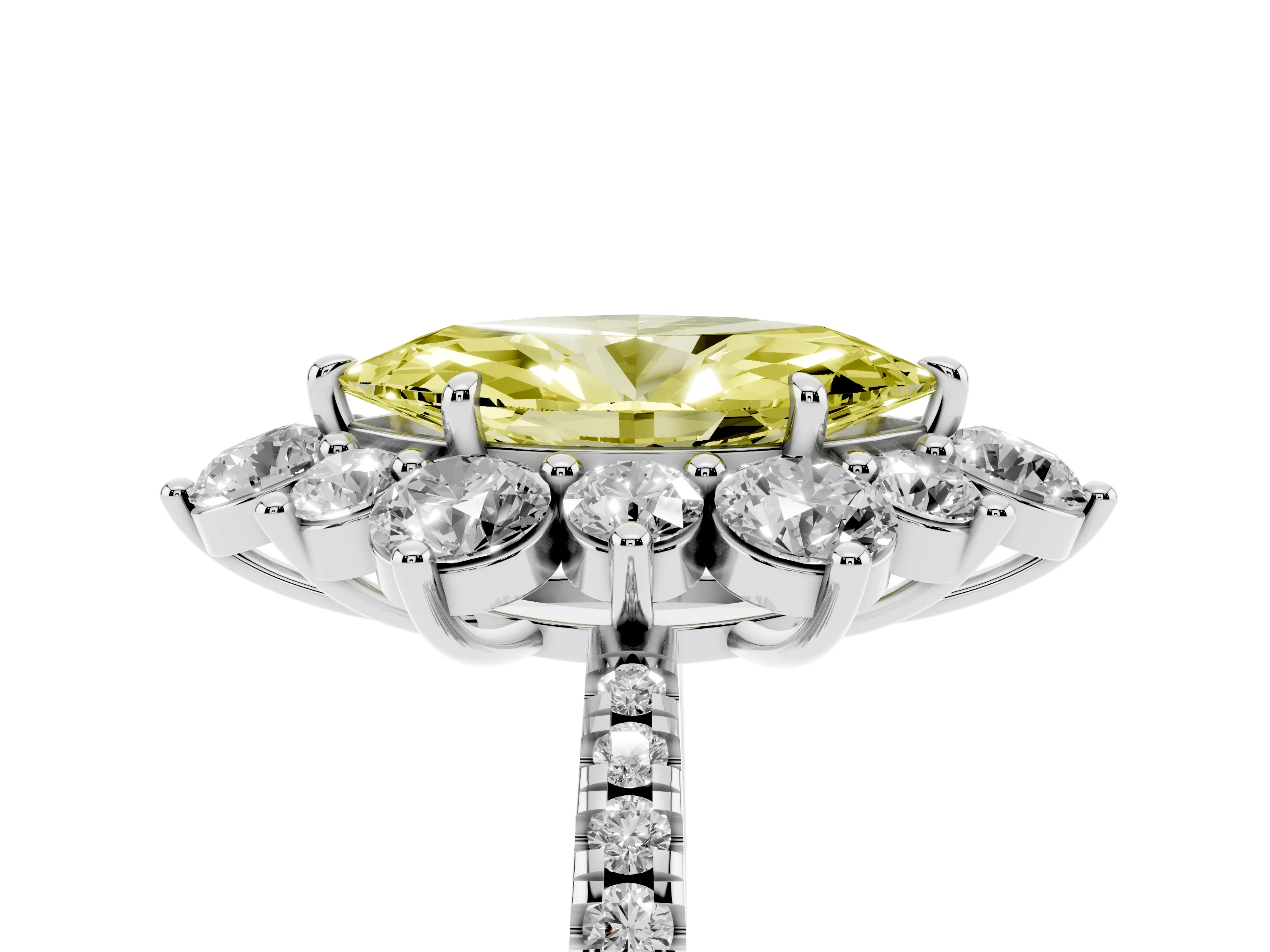 Fancy Yellow Marquise Cut Diamond Floral Halo Ring Set in White gold with Round Pavé Band and Prong Setting