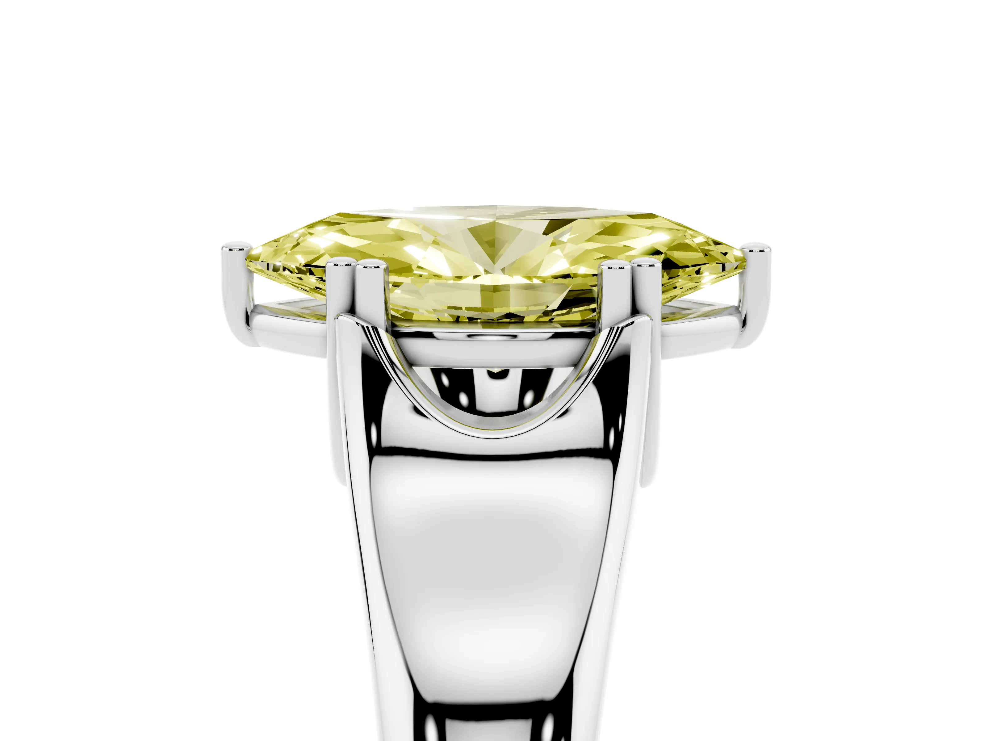 Fancy Yellow Marquise Cut Diamond Solitaire Ring Set in White gold with Wide Band and Prong Setting