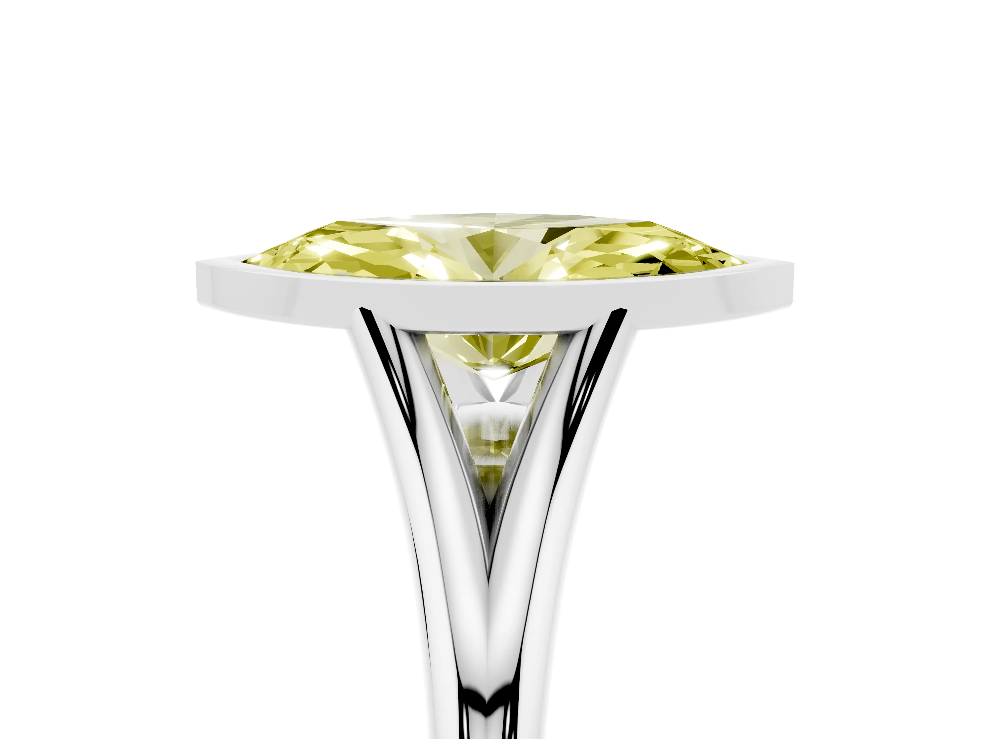 Fancy Yellow Bezel Set Marquise Cut Diamond Solitaire Ring Set in White gold with Tapered Band