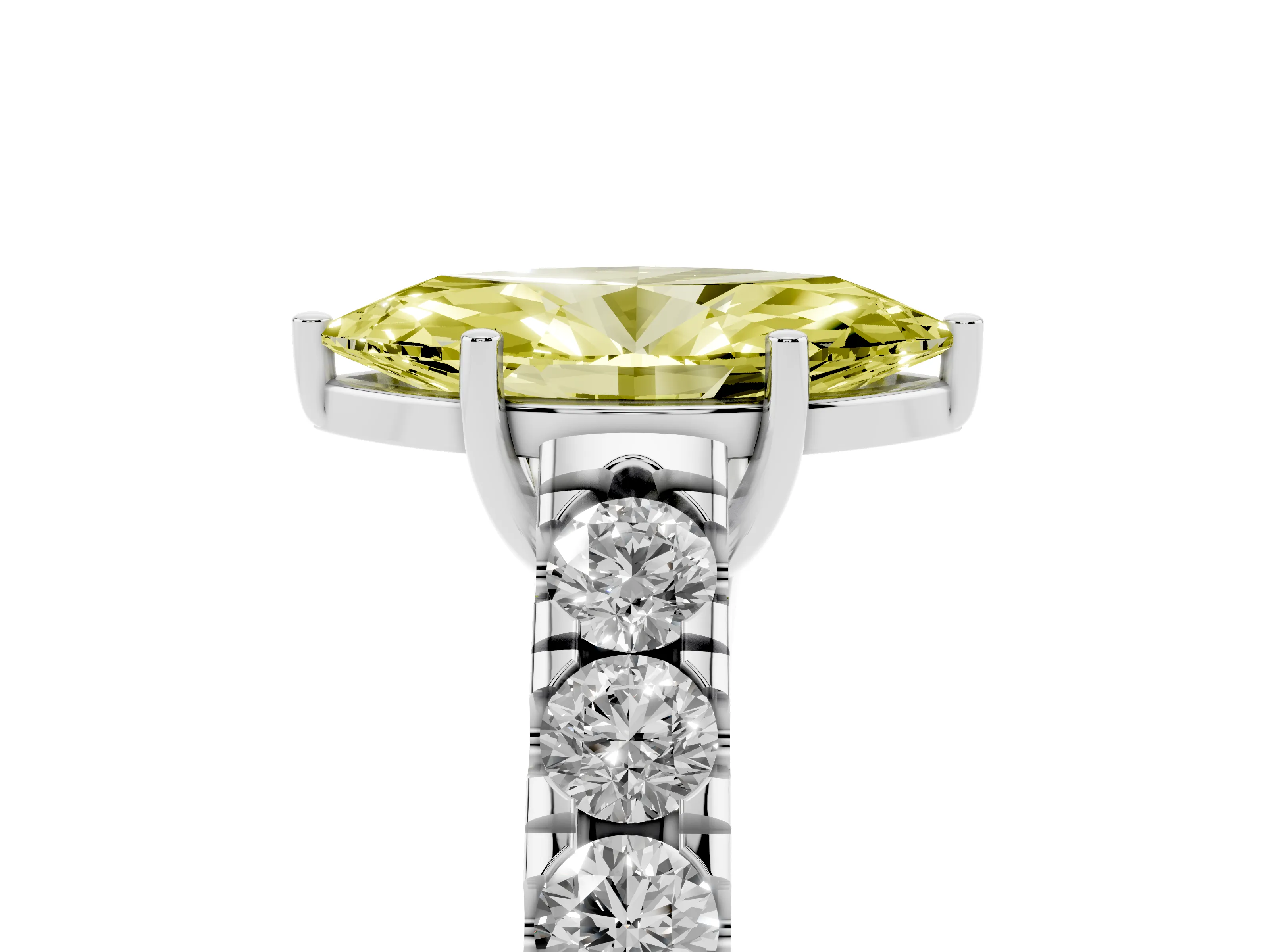Fancy Yellow Marquise Cut Diamond Solitaire Ring Set in Platinum with Cut-Down Micro Pavé Band and Prong Setting