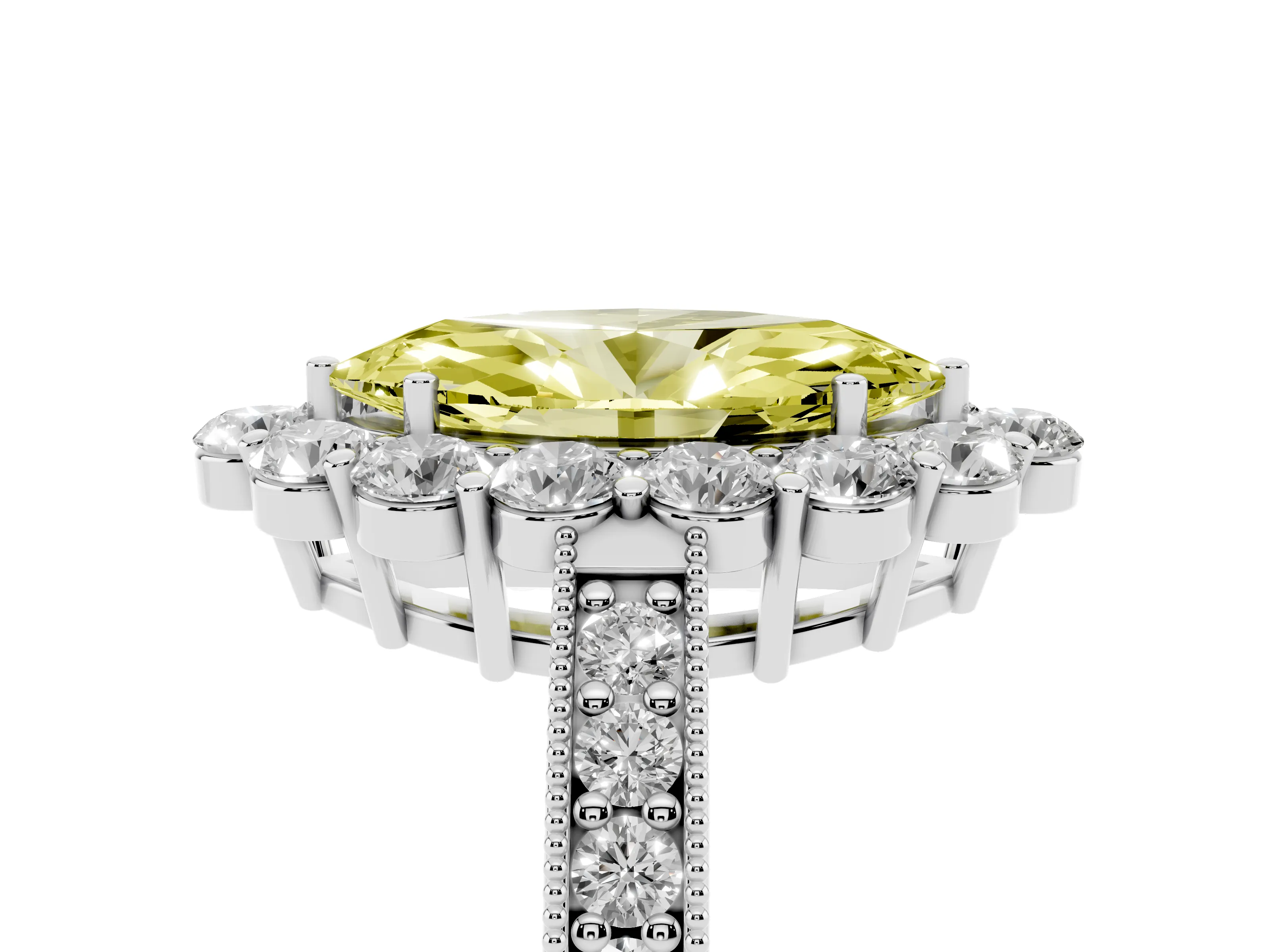 Fancy Yellow Marquise Cut Diamond Halo Pavé Engagement Ring Set in White gold with Milgrain Detailing
