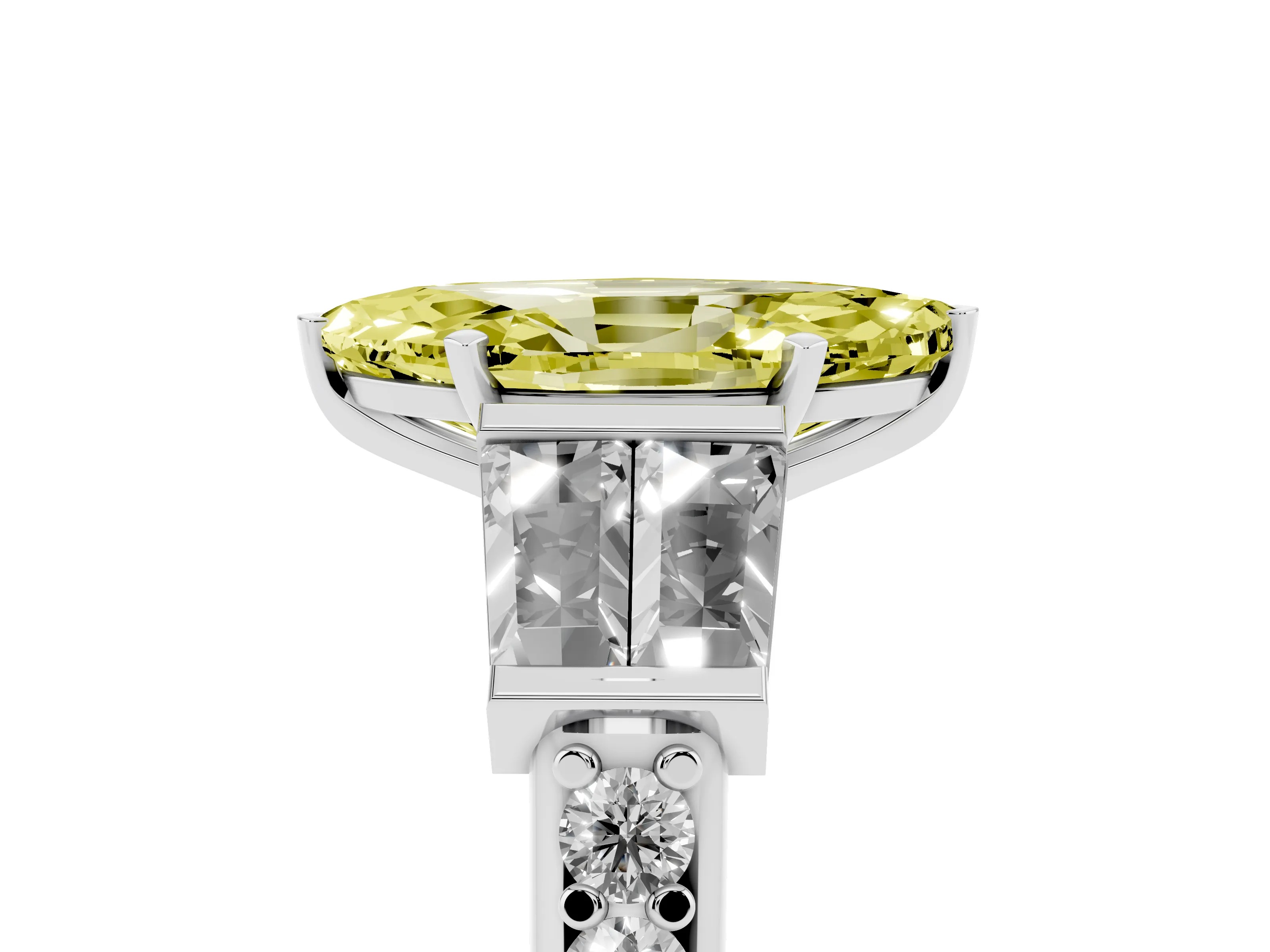 Fancy Yellow Marquise Cut Diamond Engagement Ring Set in White gold with Baguette Side Stones and Channel Set Band